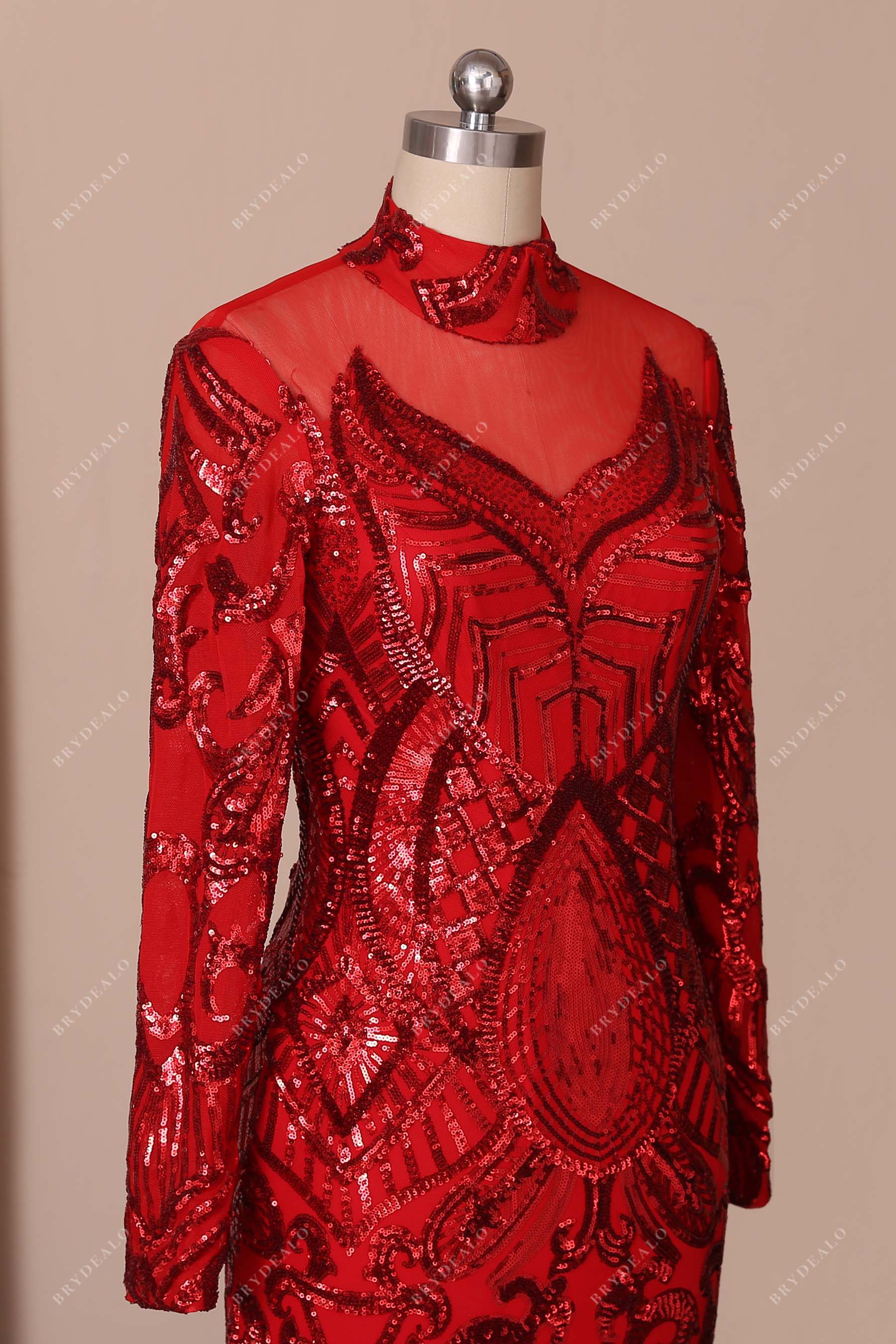 long sleeve red high neck prom dress