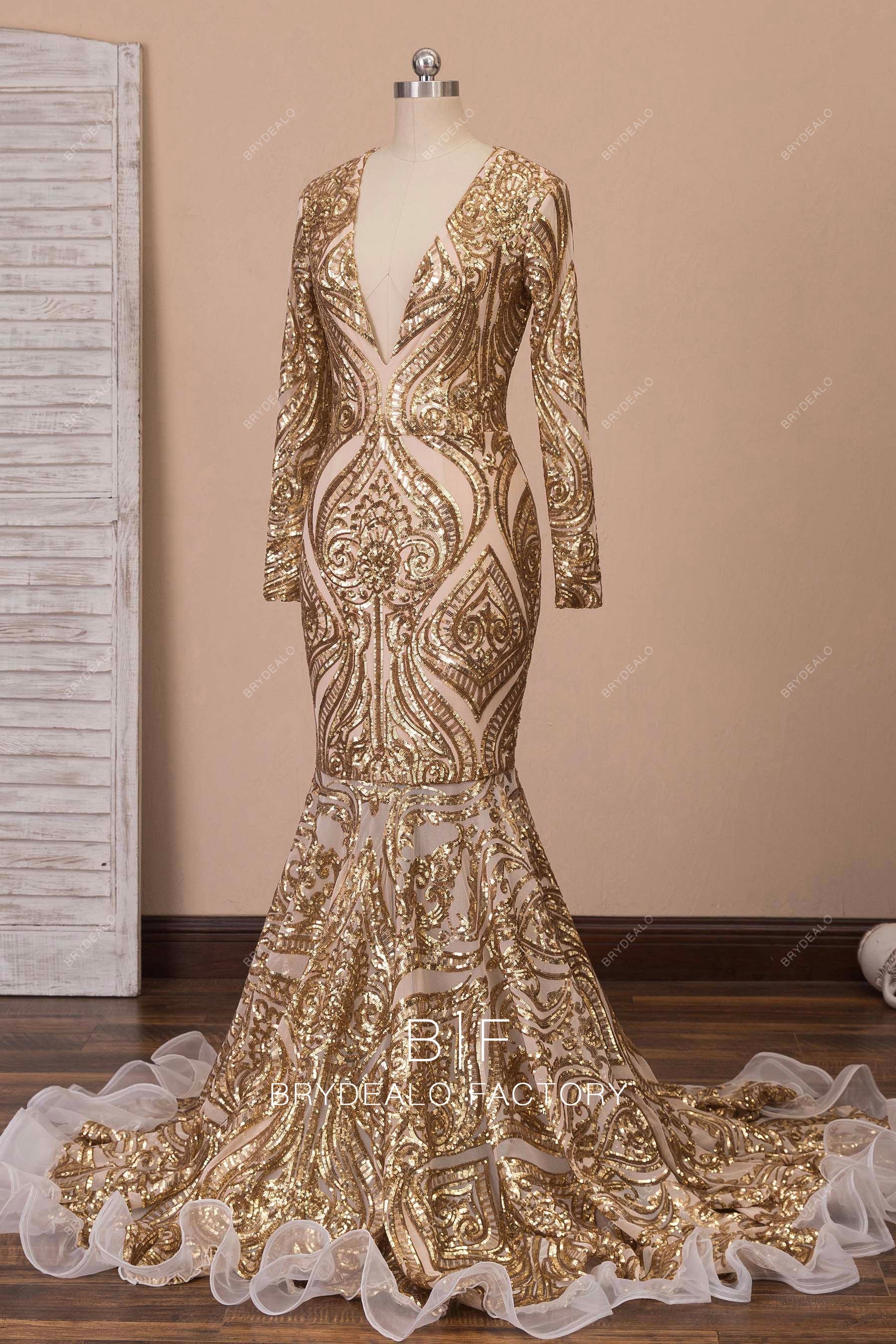 Unique Patterned Sequin Gold V-neck Mermaid Dress Brydealo Unique Patterned Sequin Gold V-neck Mermaid Dress Brydealo