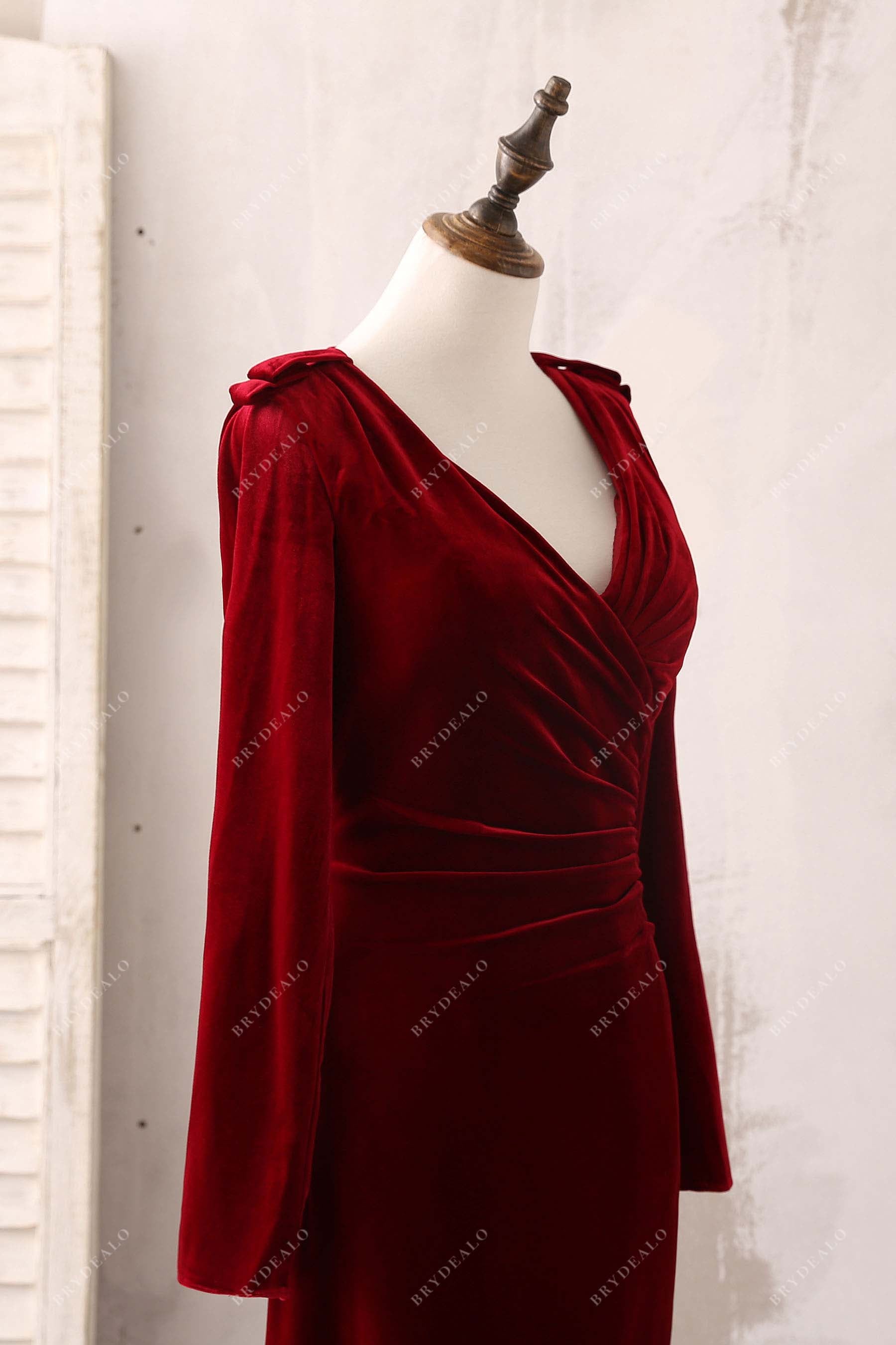 long sleeve burgundy velvet formal gown
