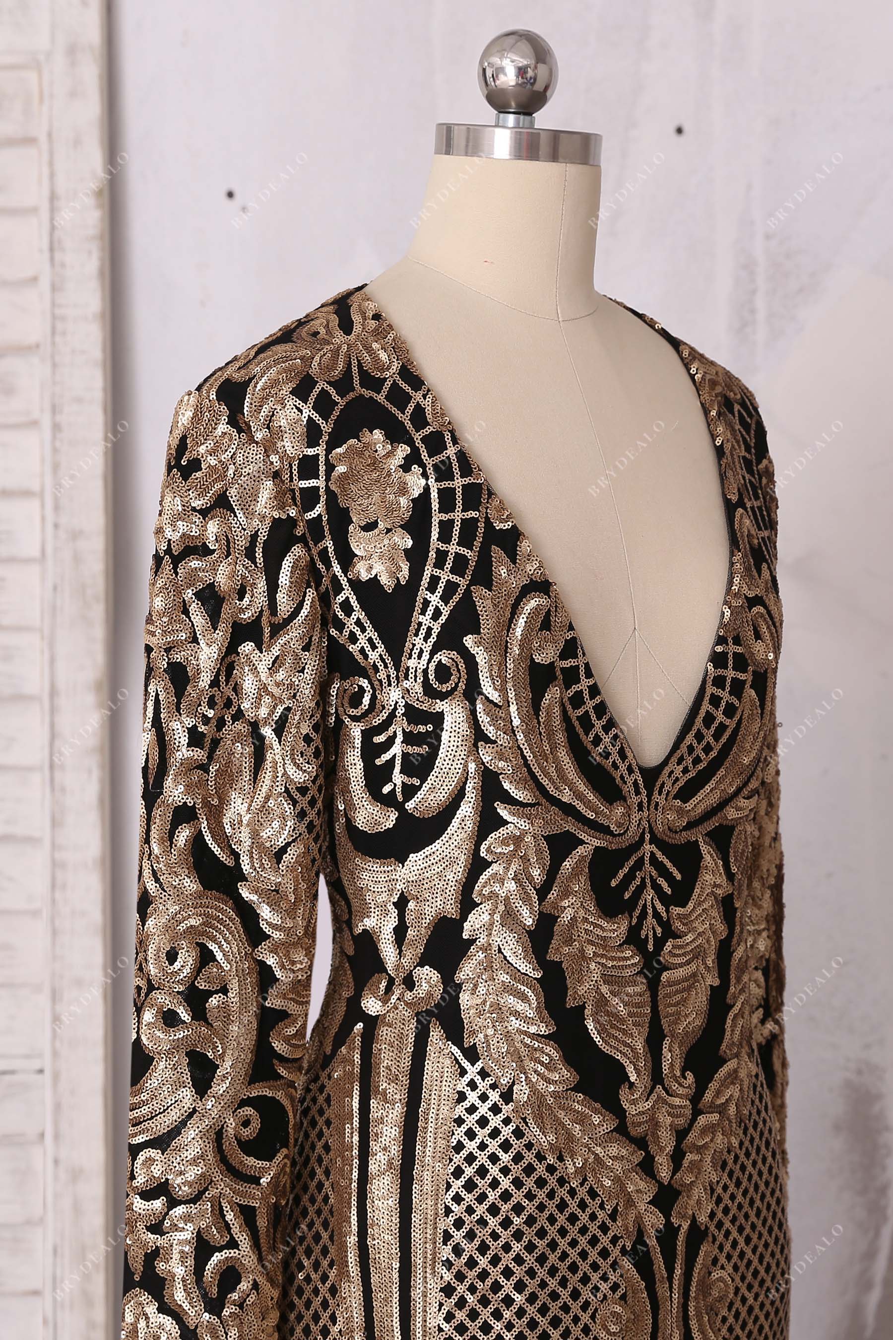 black and gold sequin dress long sleeve Long Sleeve Long Black Formal Dress with Gold Beads PromGirl