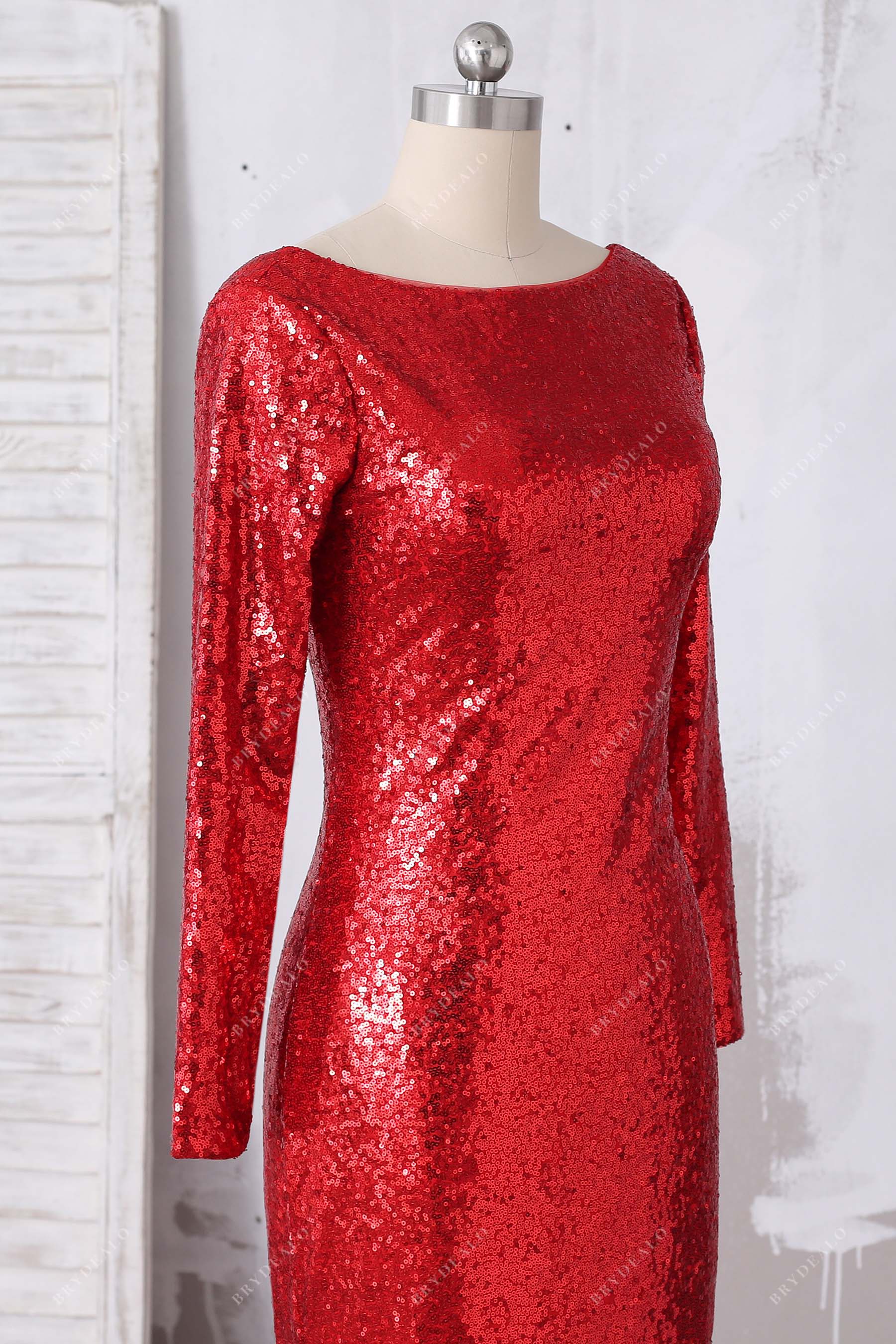 red sequin bateau neck formal dress