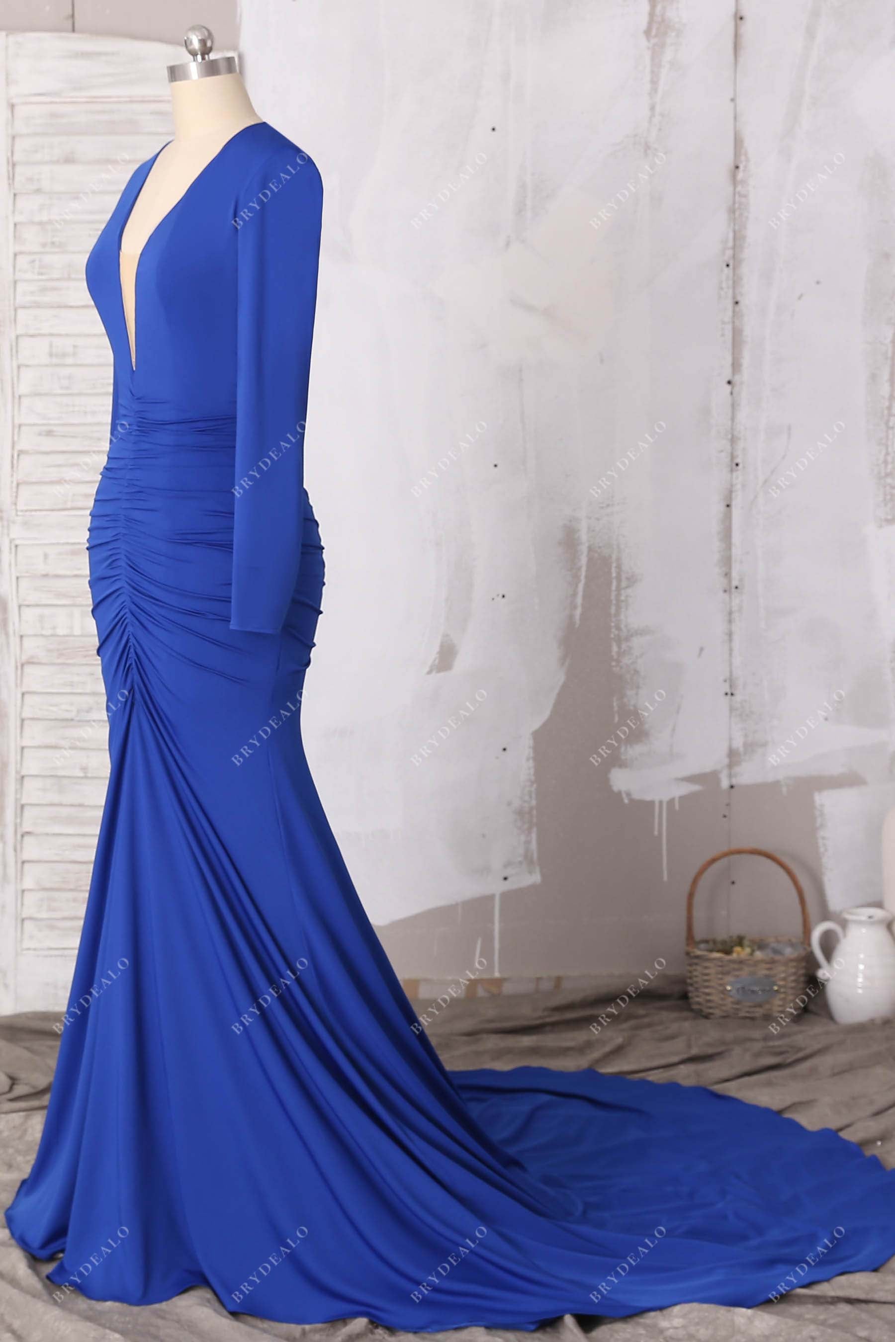 plunging neck long train evening dress