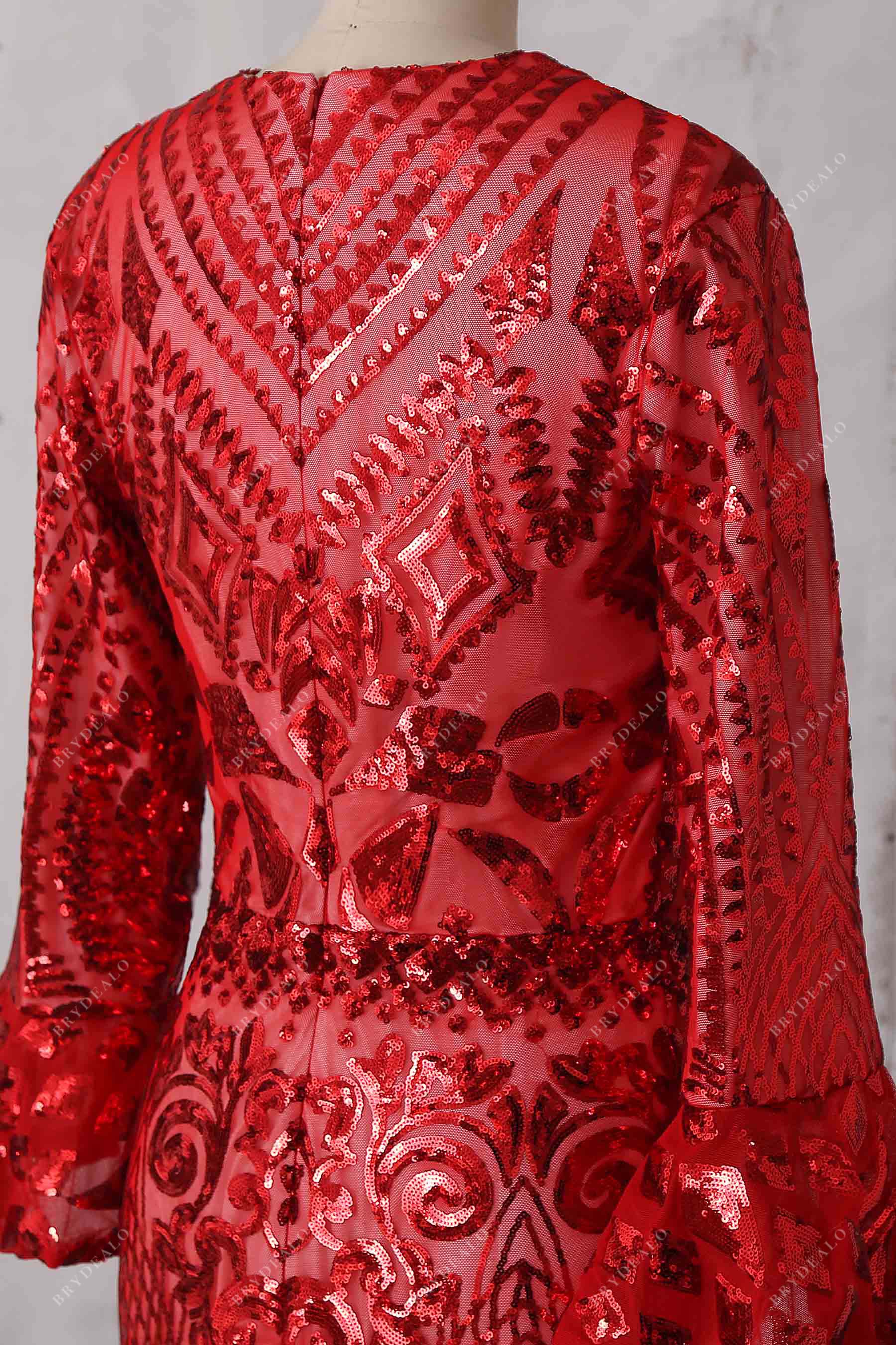 long sleeves red sequin prom gown