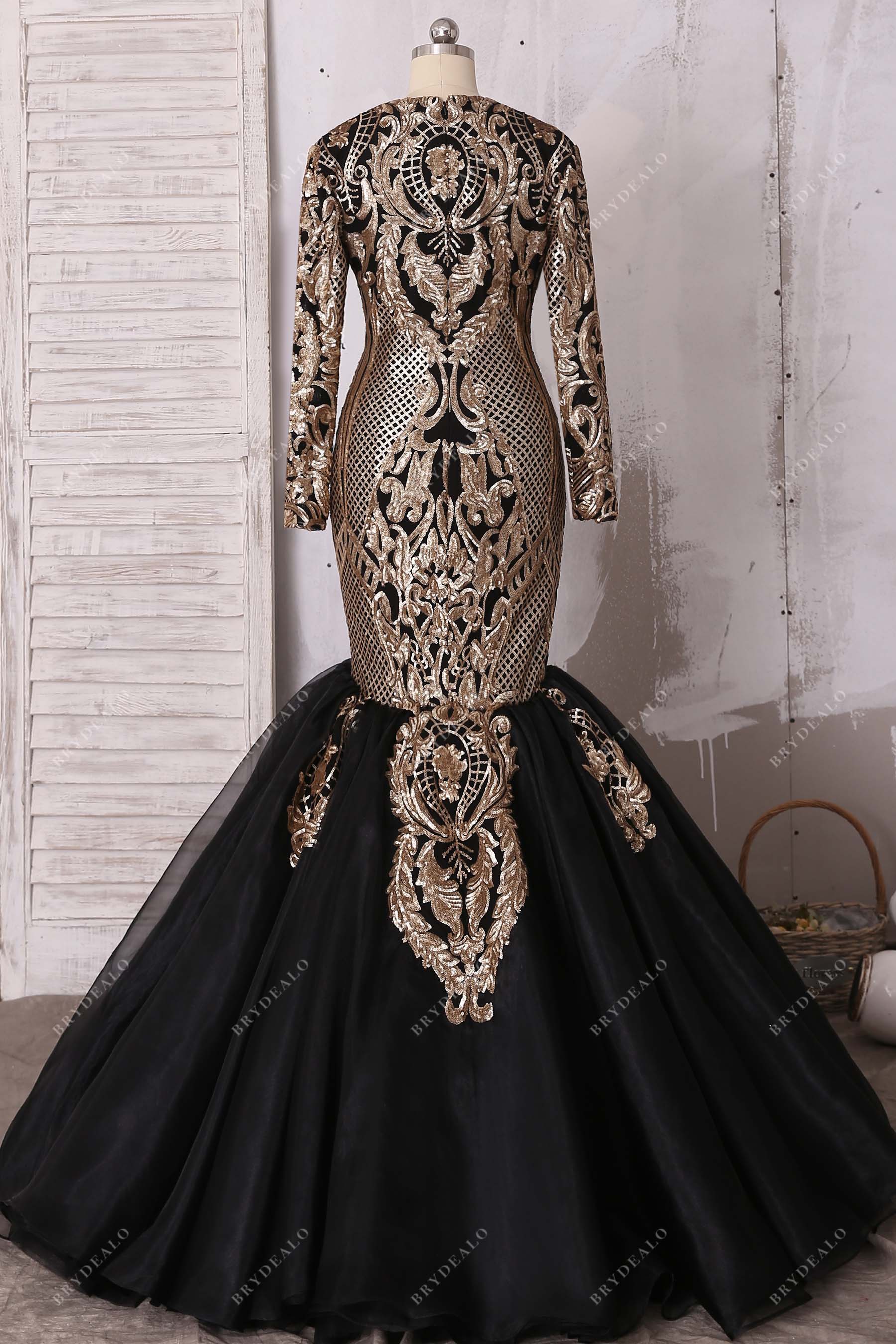 long sleeves gold black trumpet formal gown