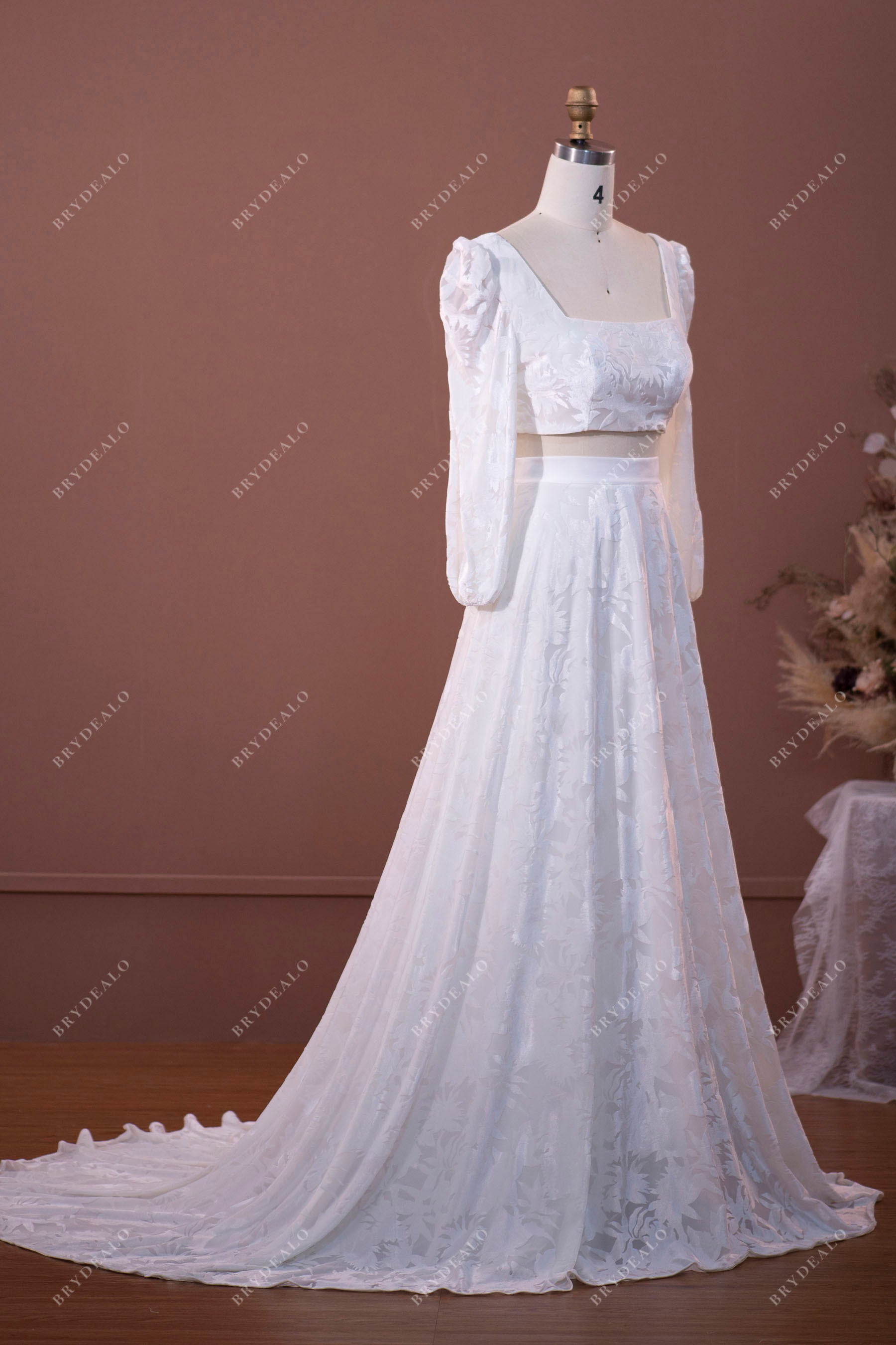 square neck long train wedding dress