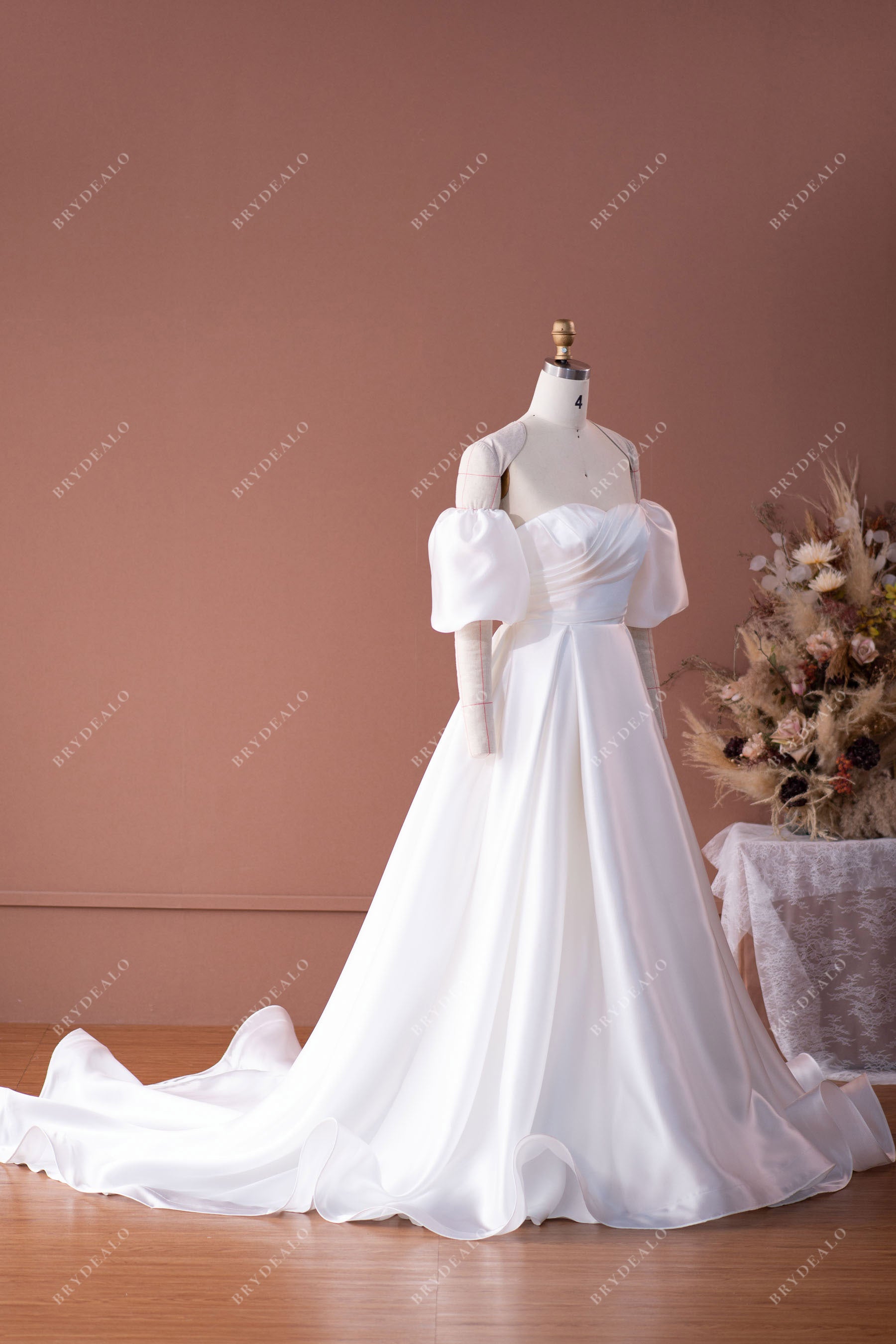 strapless long train pleated bridal dress