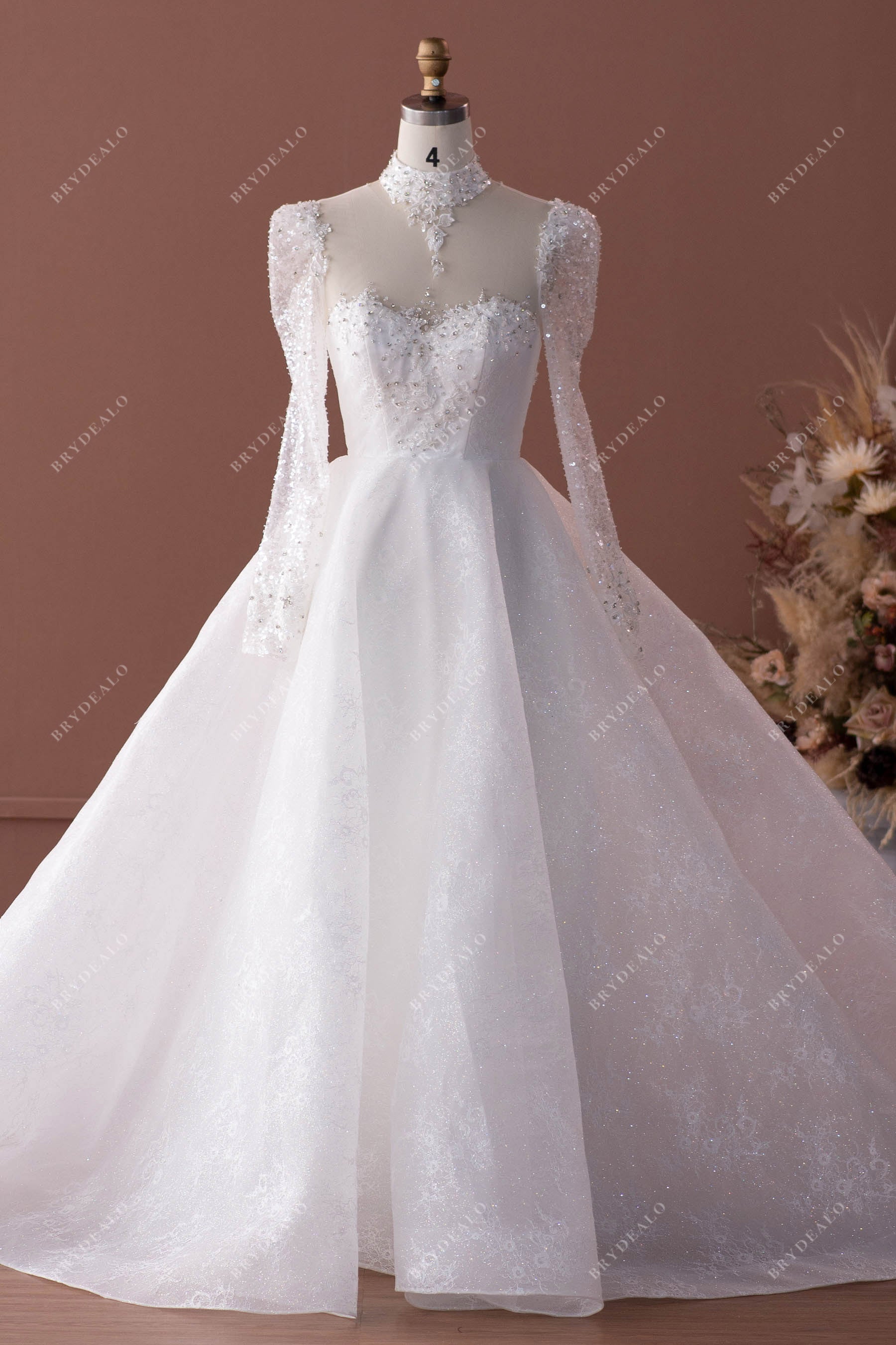 sheer sleeves beaded lace wedding ballgown