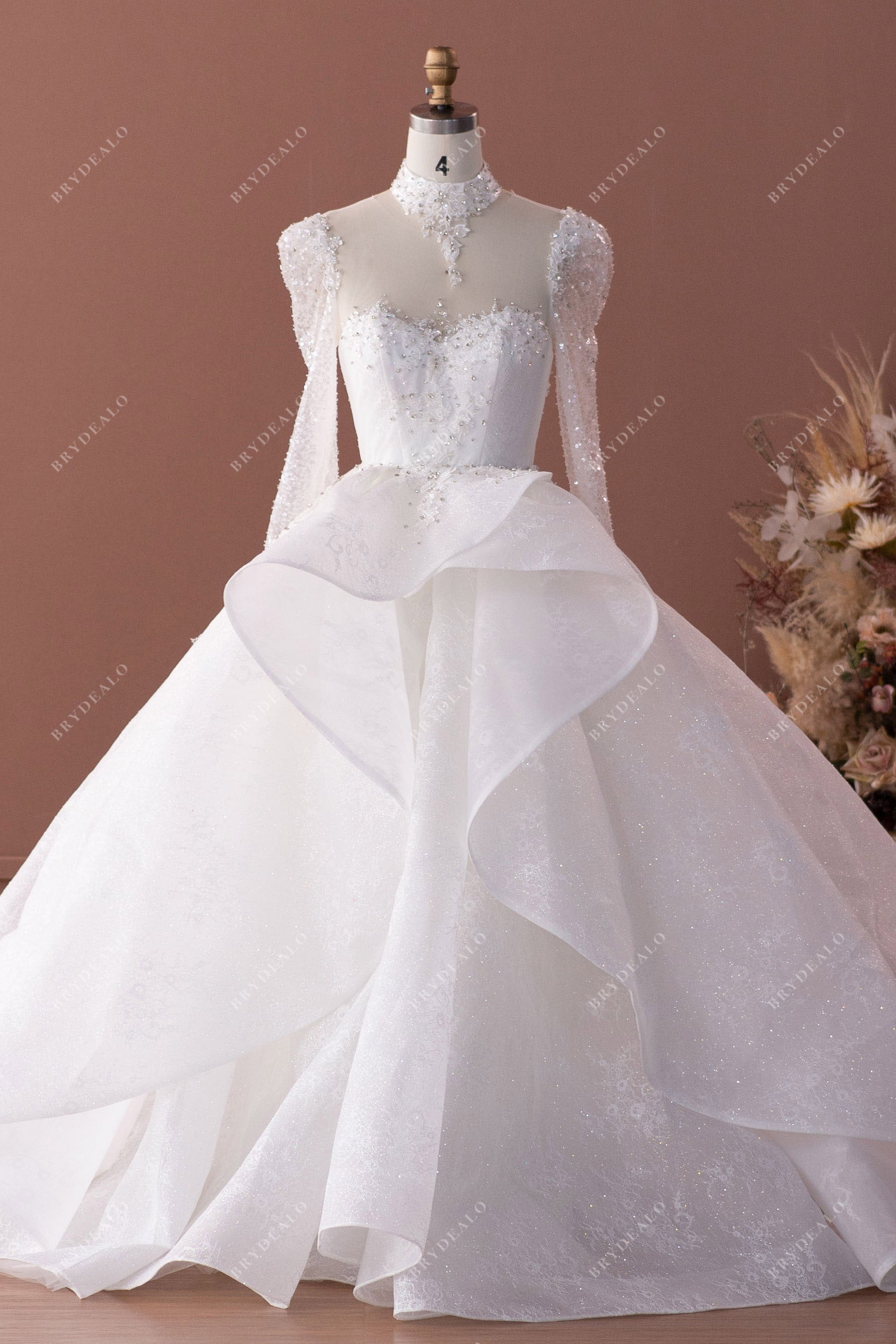 sparkly high neck long sleeves ruffled wedding gown