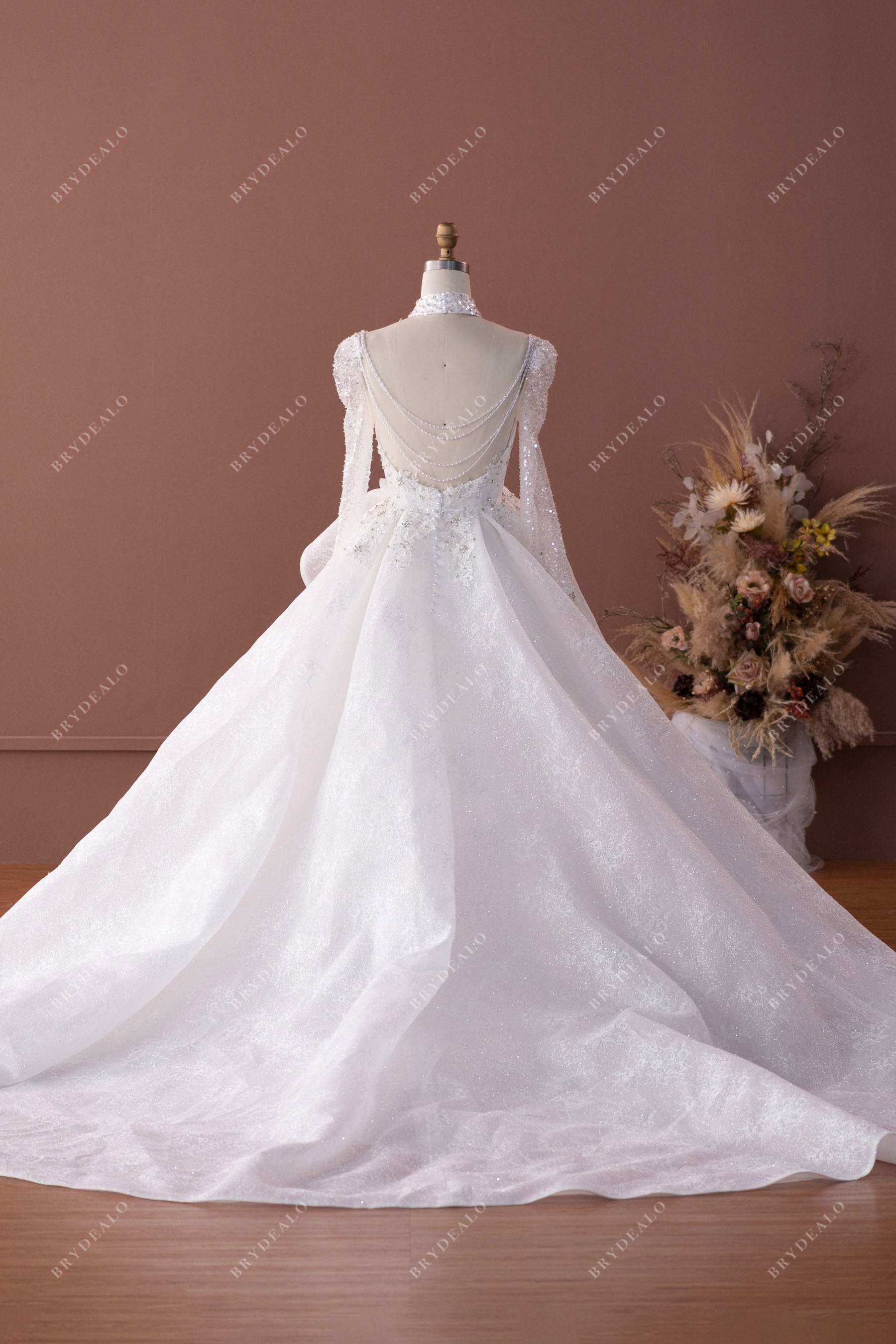 open back shimmery lace long train bridal dress