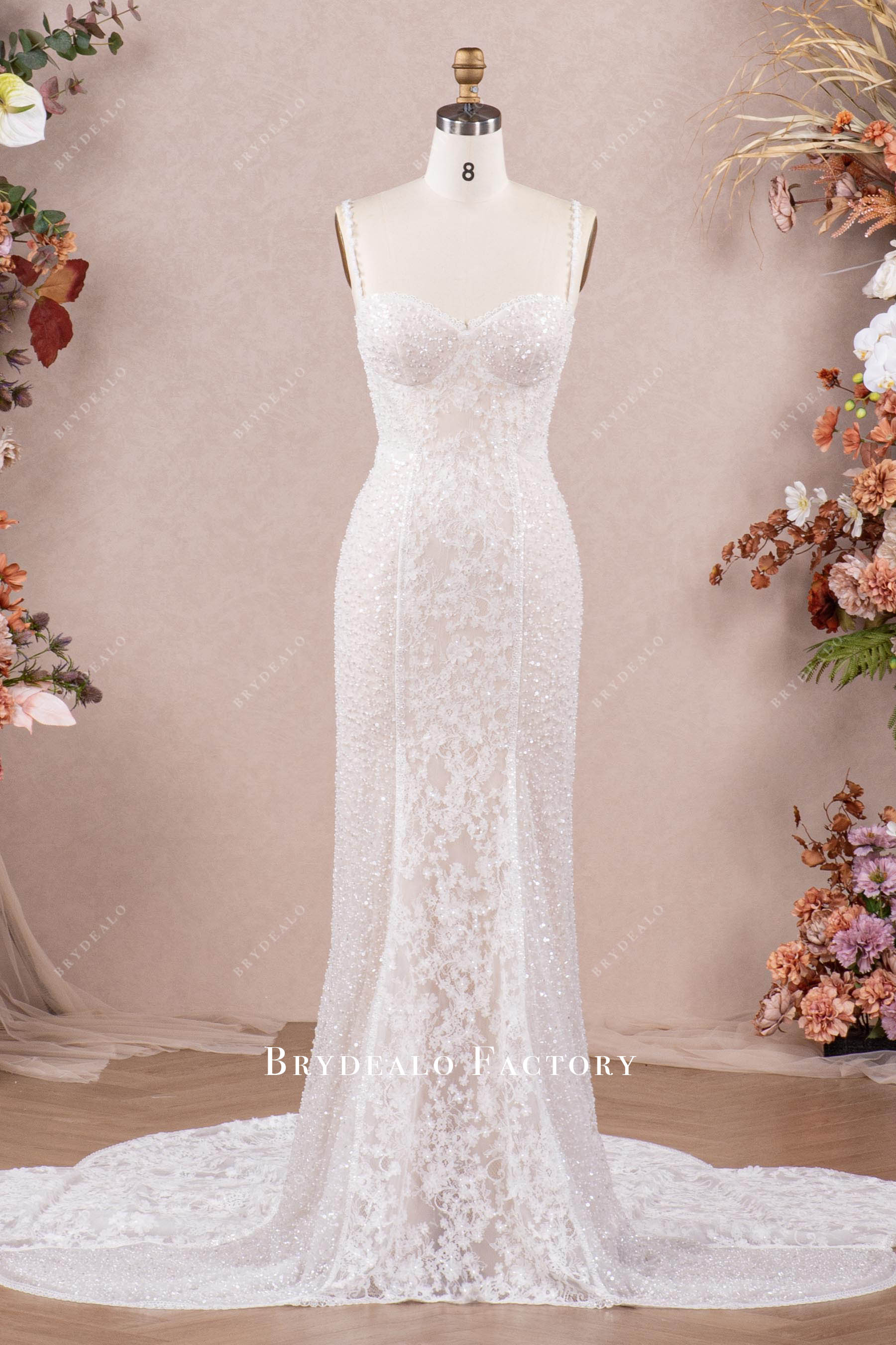 luxury beaded flower lace court train wedding dress