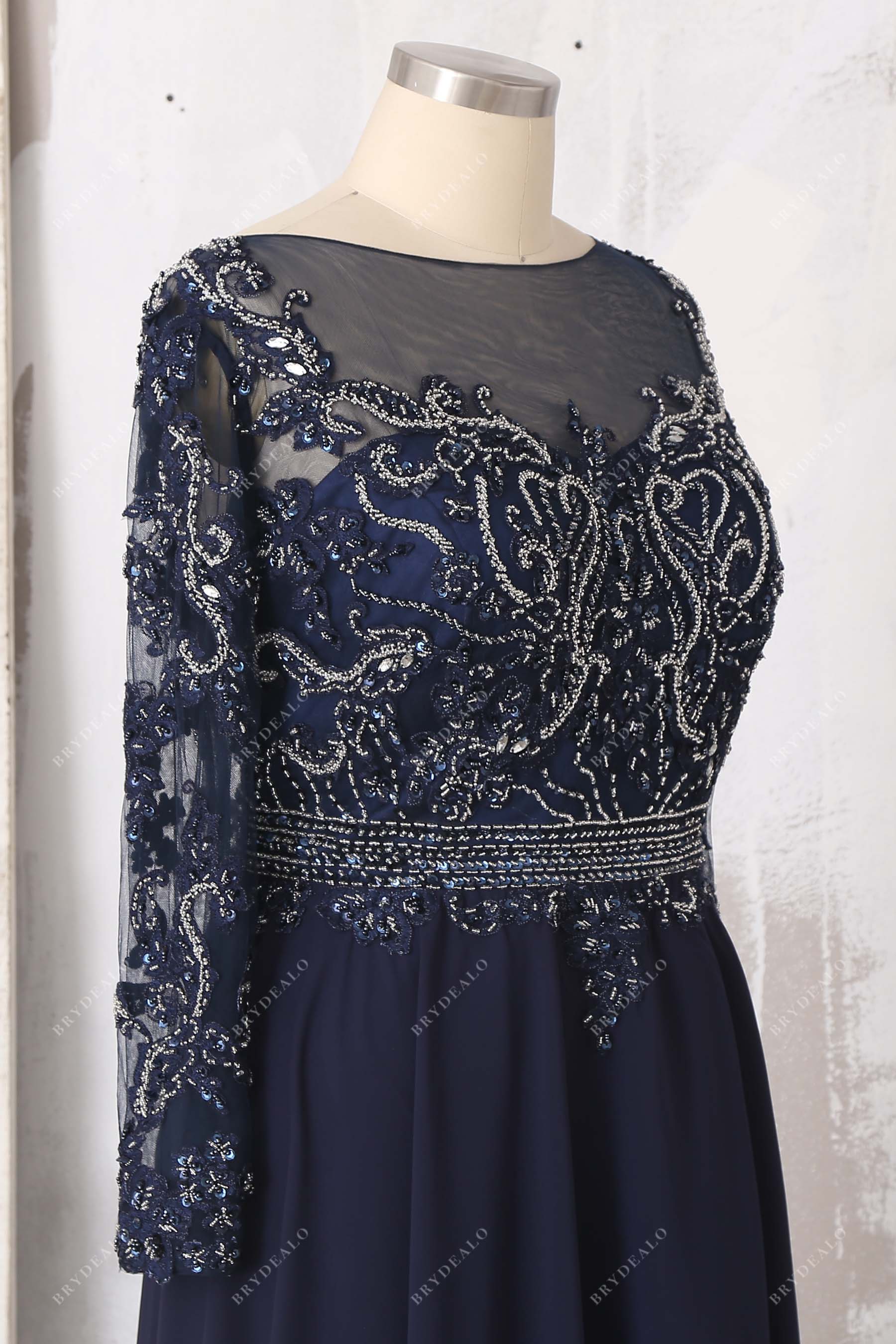 beaded sheer long sleeve prom dress