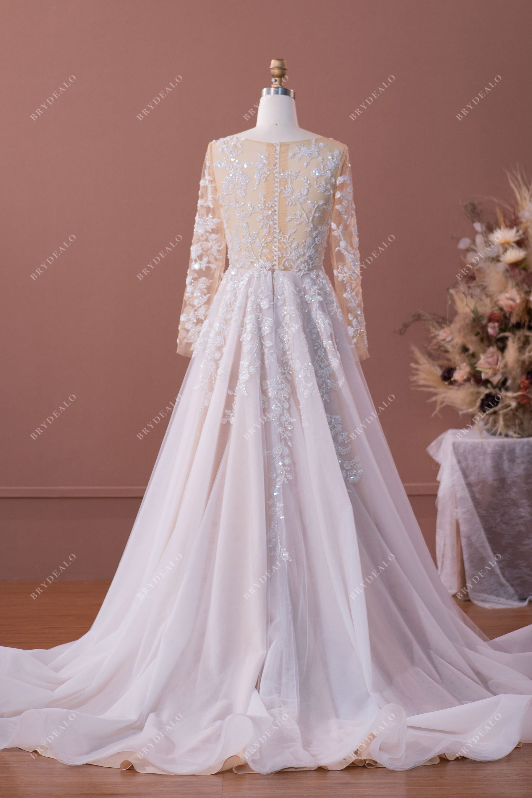 illusion back lace applique A-line bridal dress