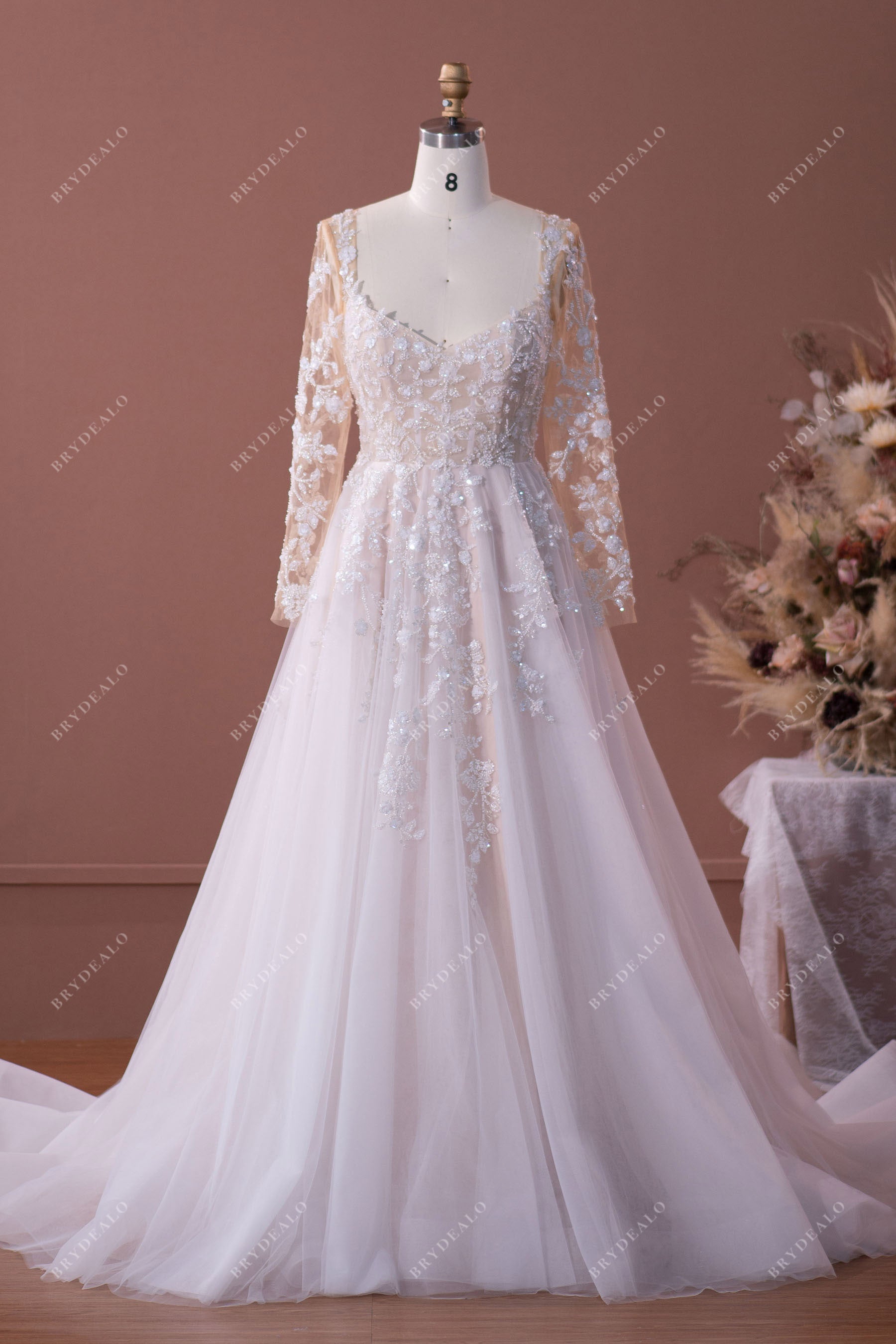shimmery lace long sleeve wedding dress