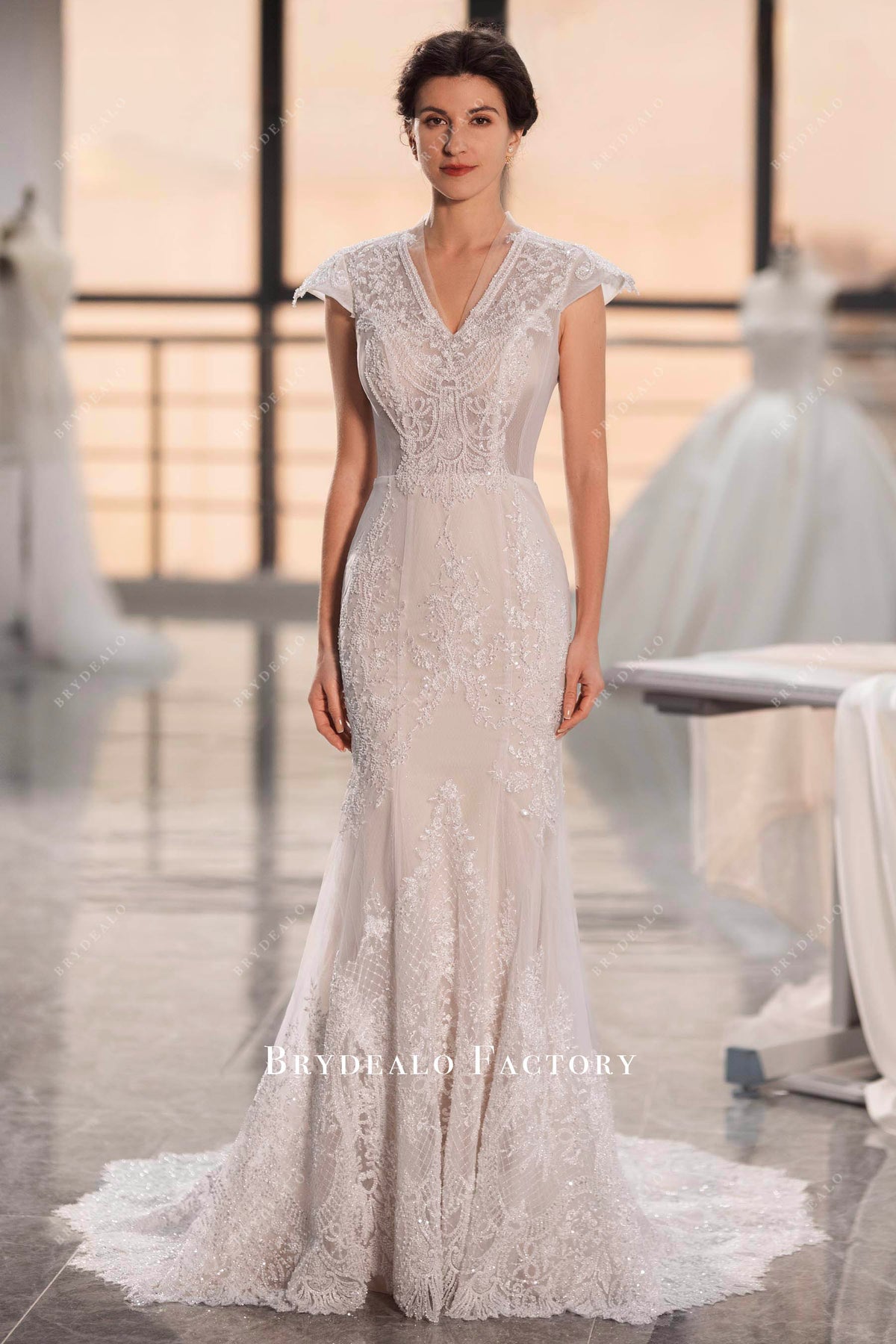 knee length dresses for ladies Luxury Beaded Lace Mermaid Detachable Overskirt Wedding Dress – Brydealo