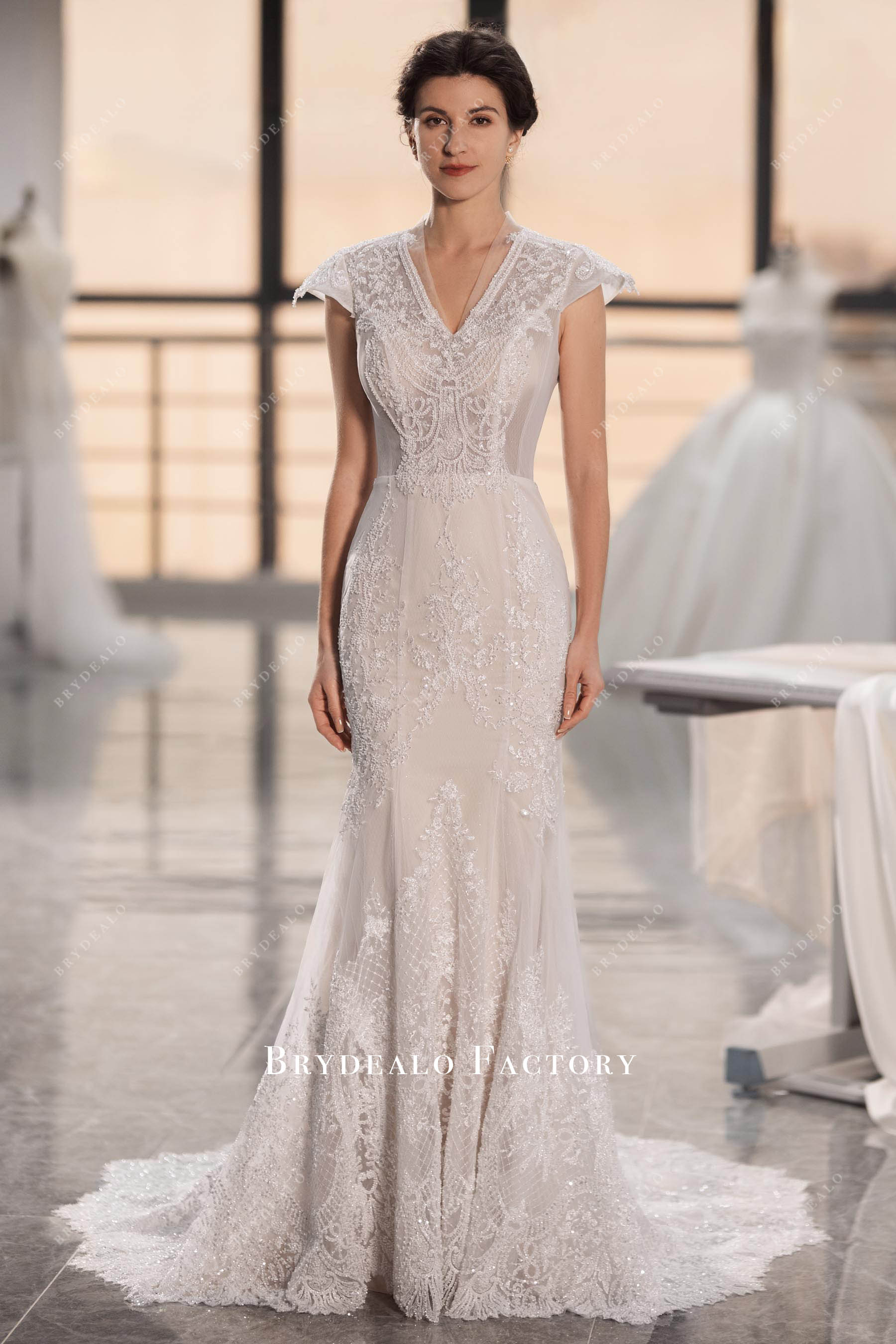 luxury beaded lace V-neck trumpet wedding dress