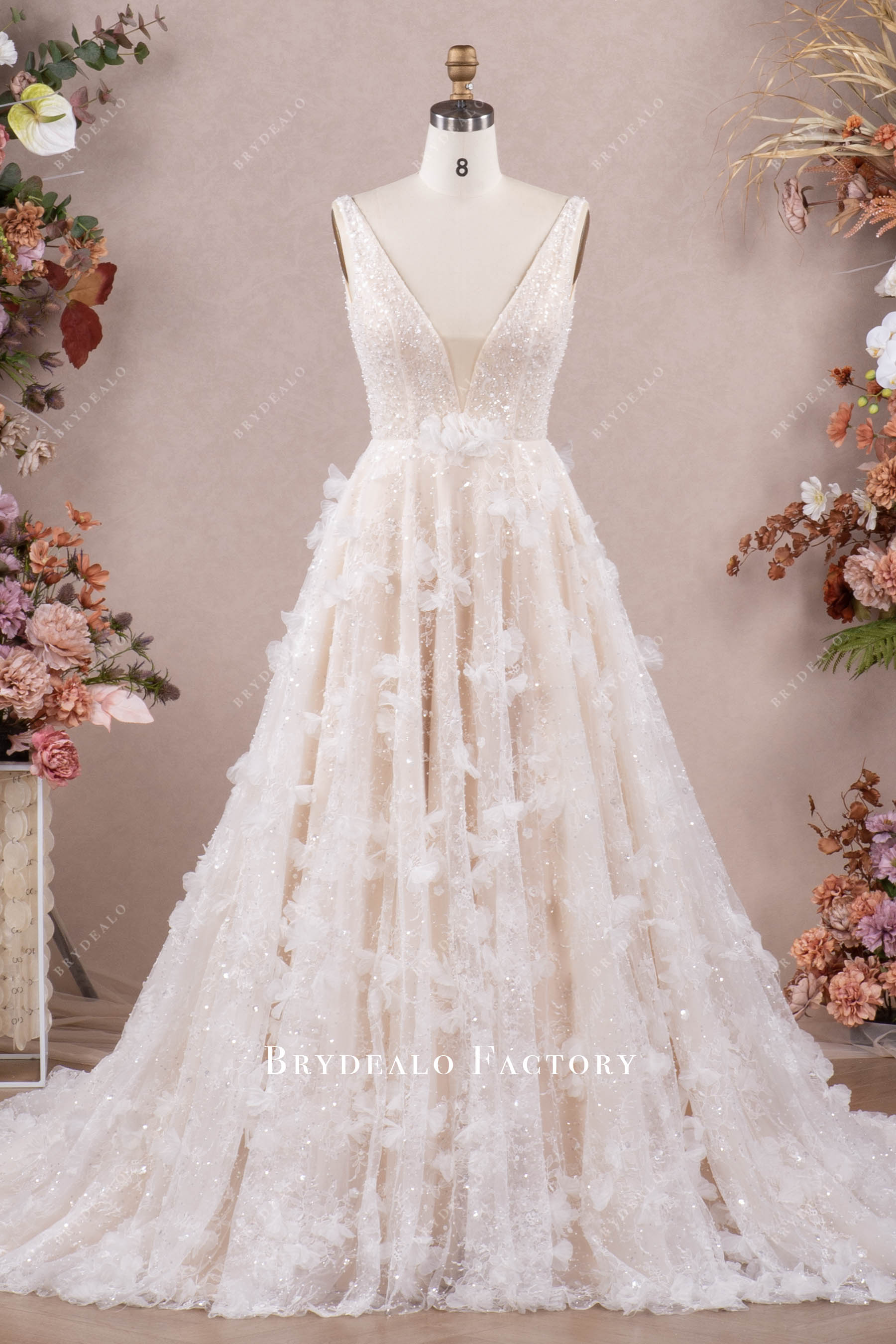 luxury flower lace puffy wedding gown