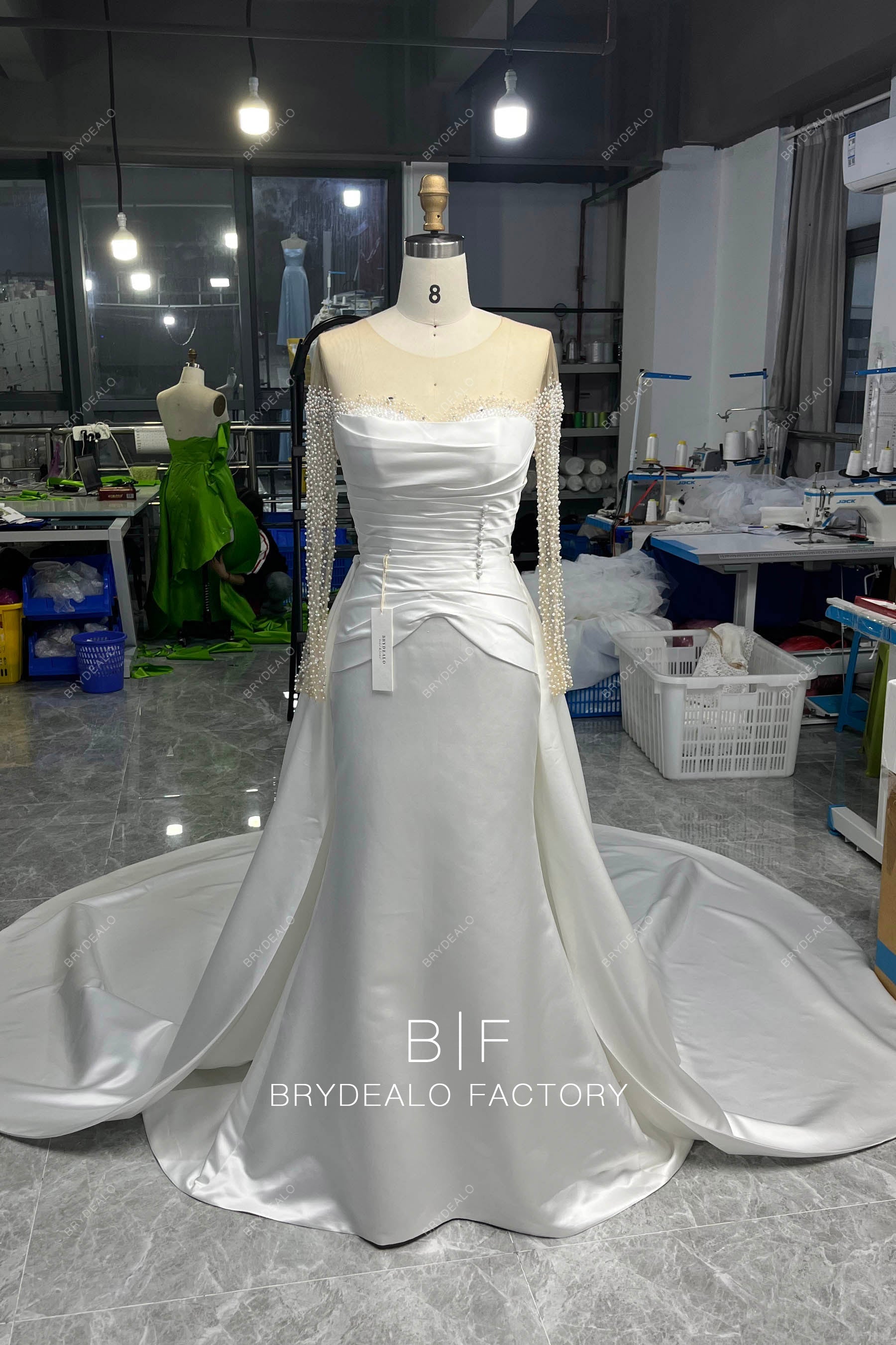 luxury pearl satin wedding dress