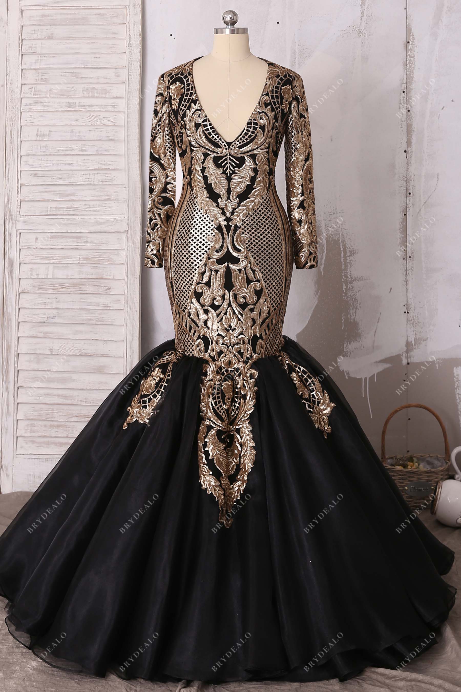 Unique Gold Sequin Black Organza Plus Size Prom Dress