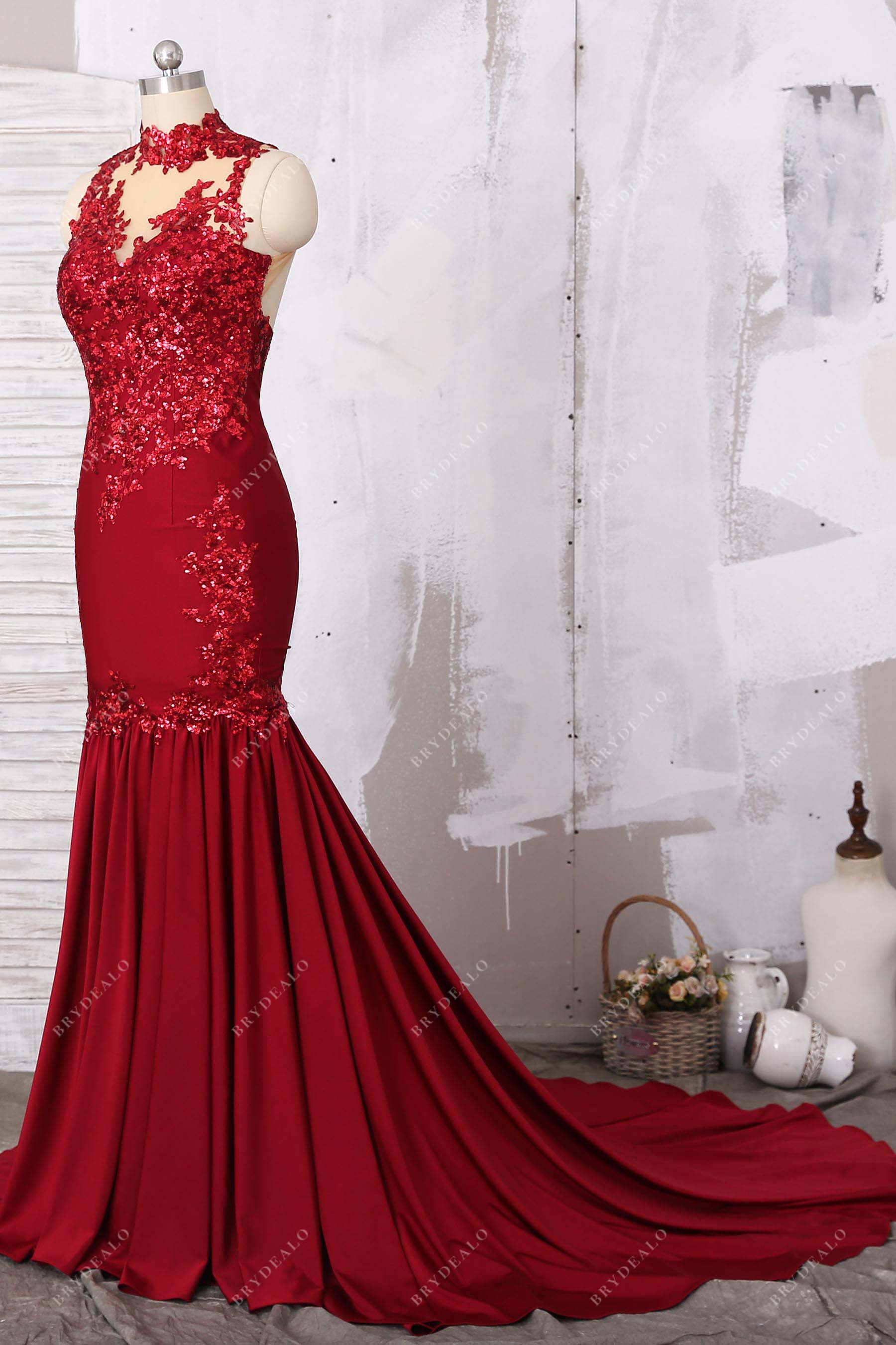 illusion neck sequin applique evening dress