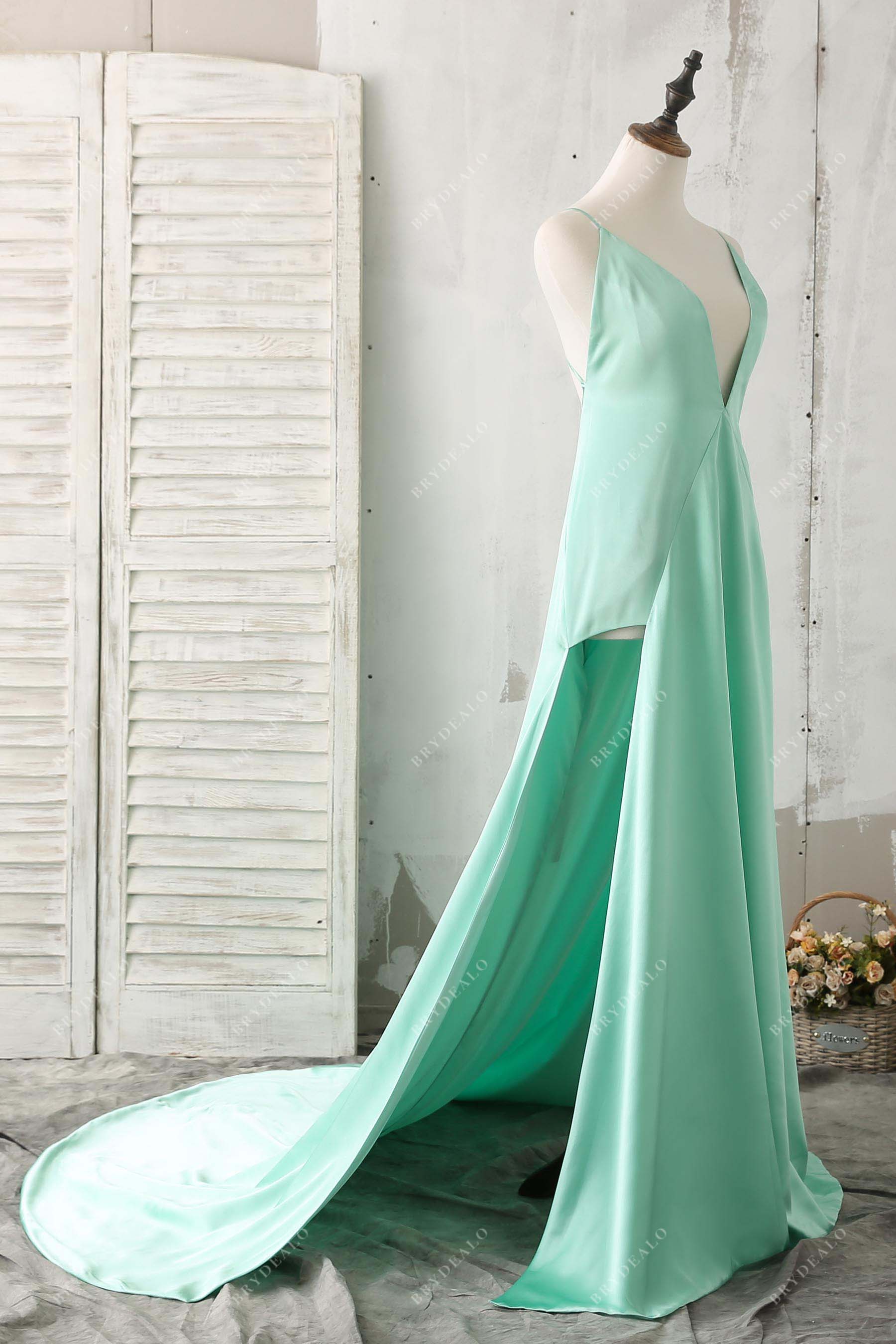 plunging neck side slit prom dress