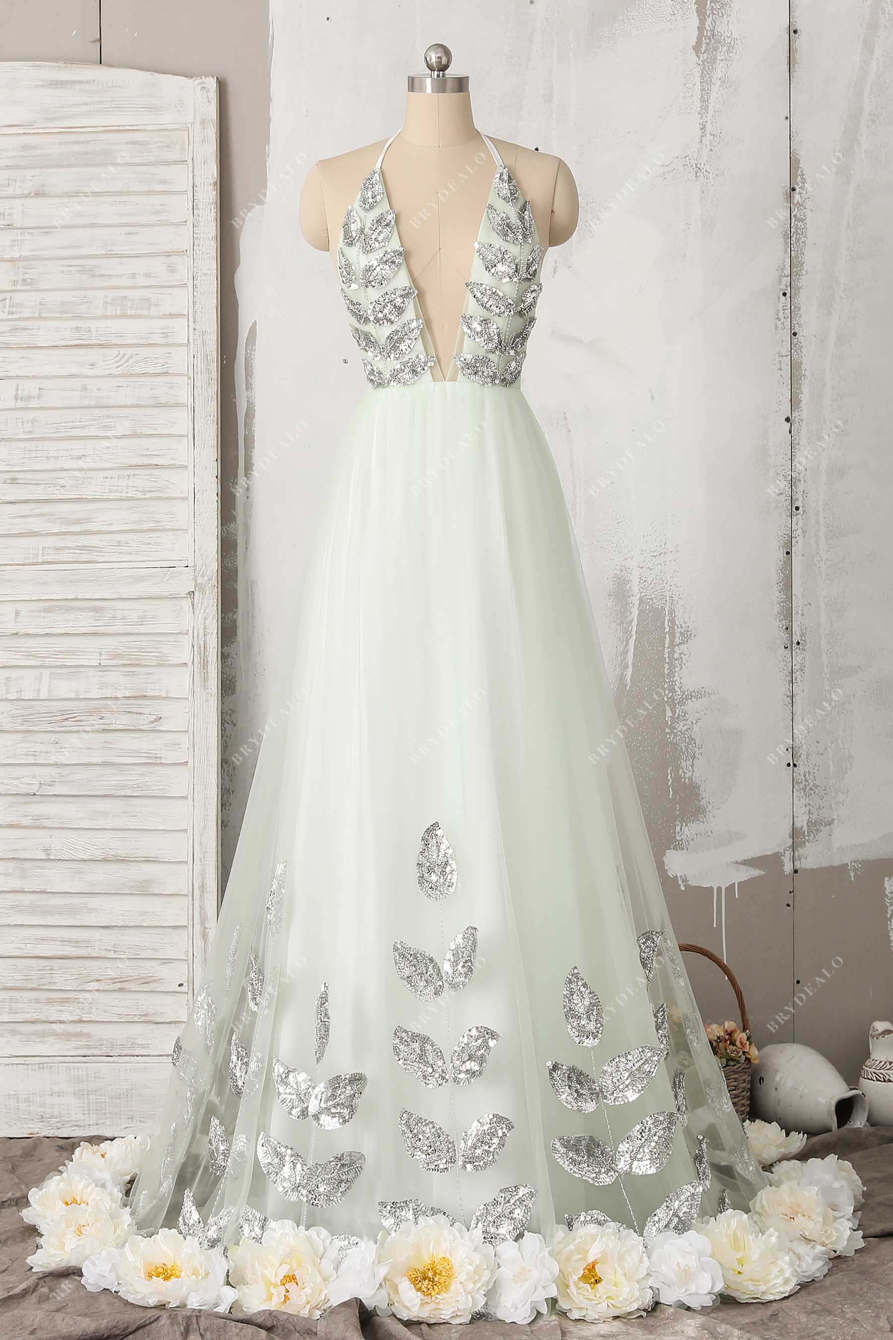 mint plunging neck tulle prom dress