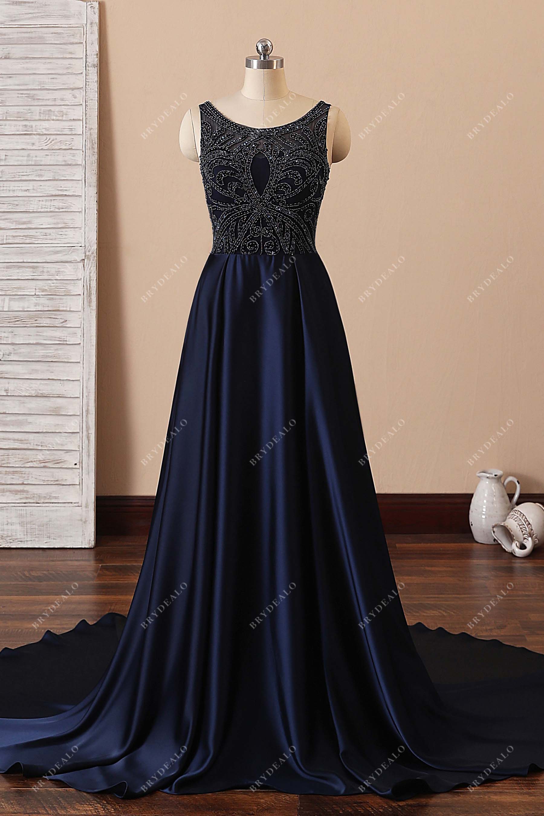 dark blue sleeveless A-line prom dress