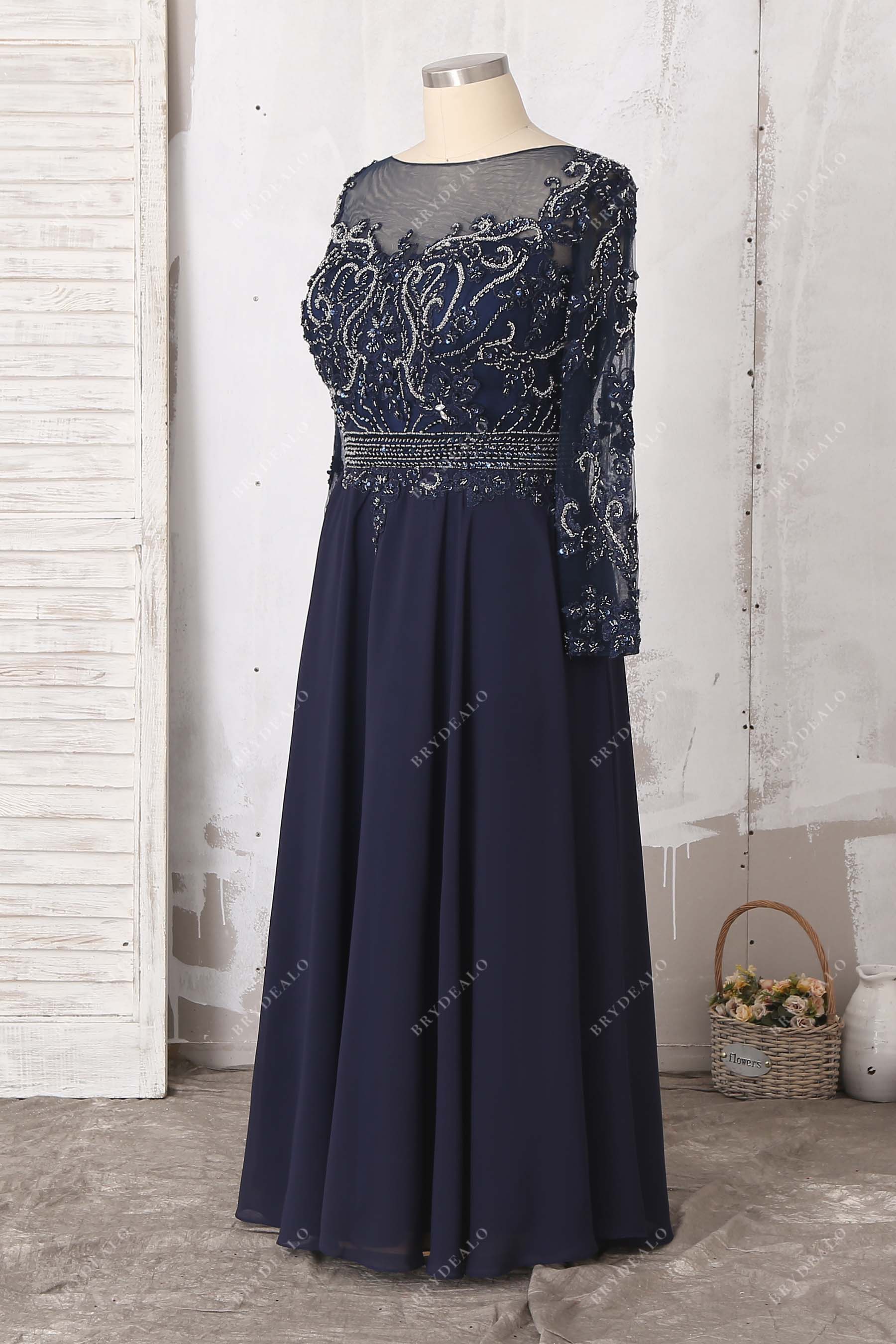 illusion neck long sleeve prom dress