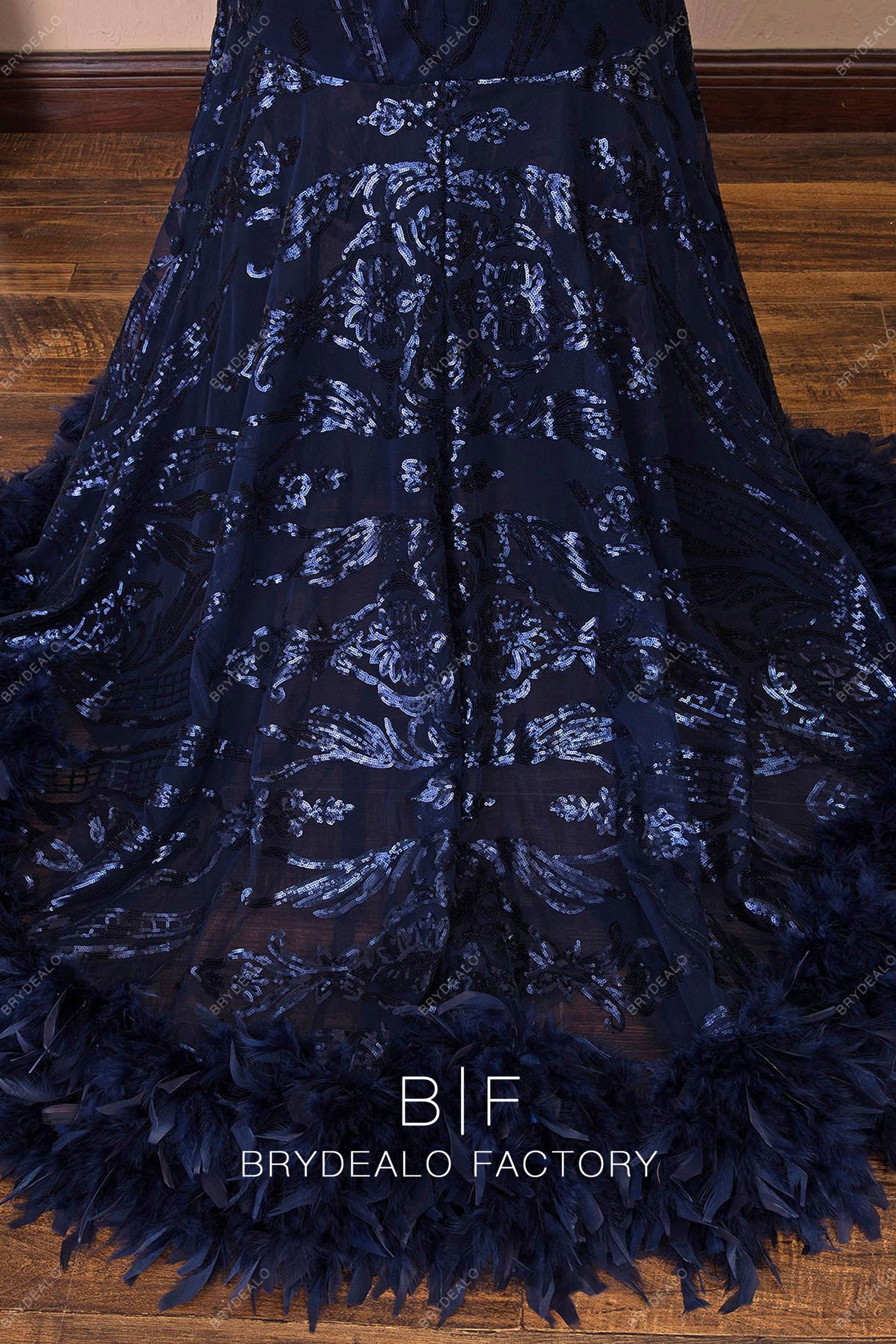 navy blue feather long train dress