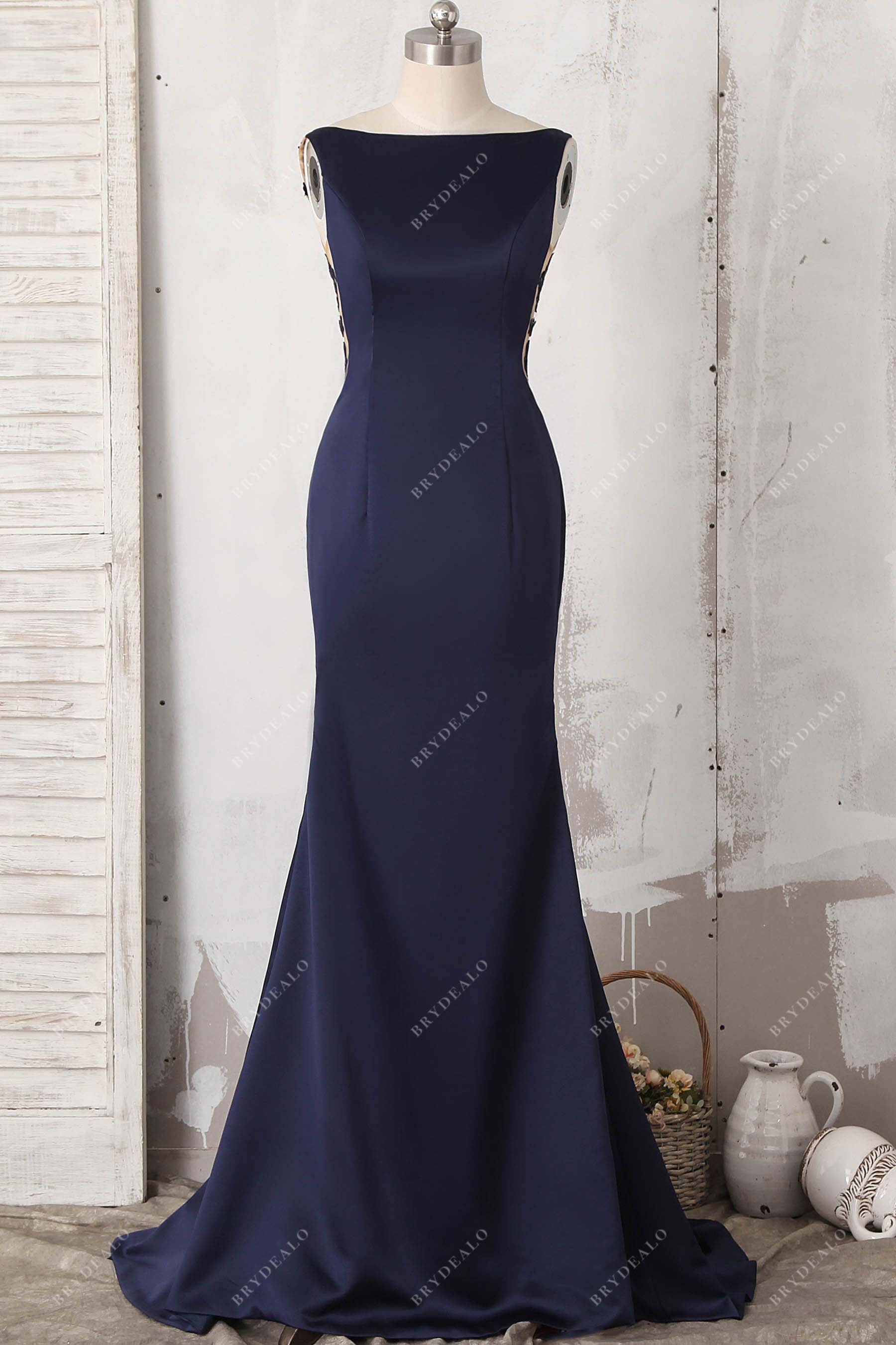 navy sleeveless mermaid prom dress