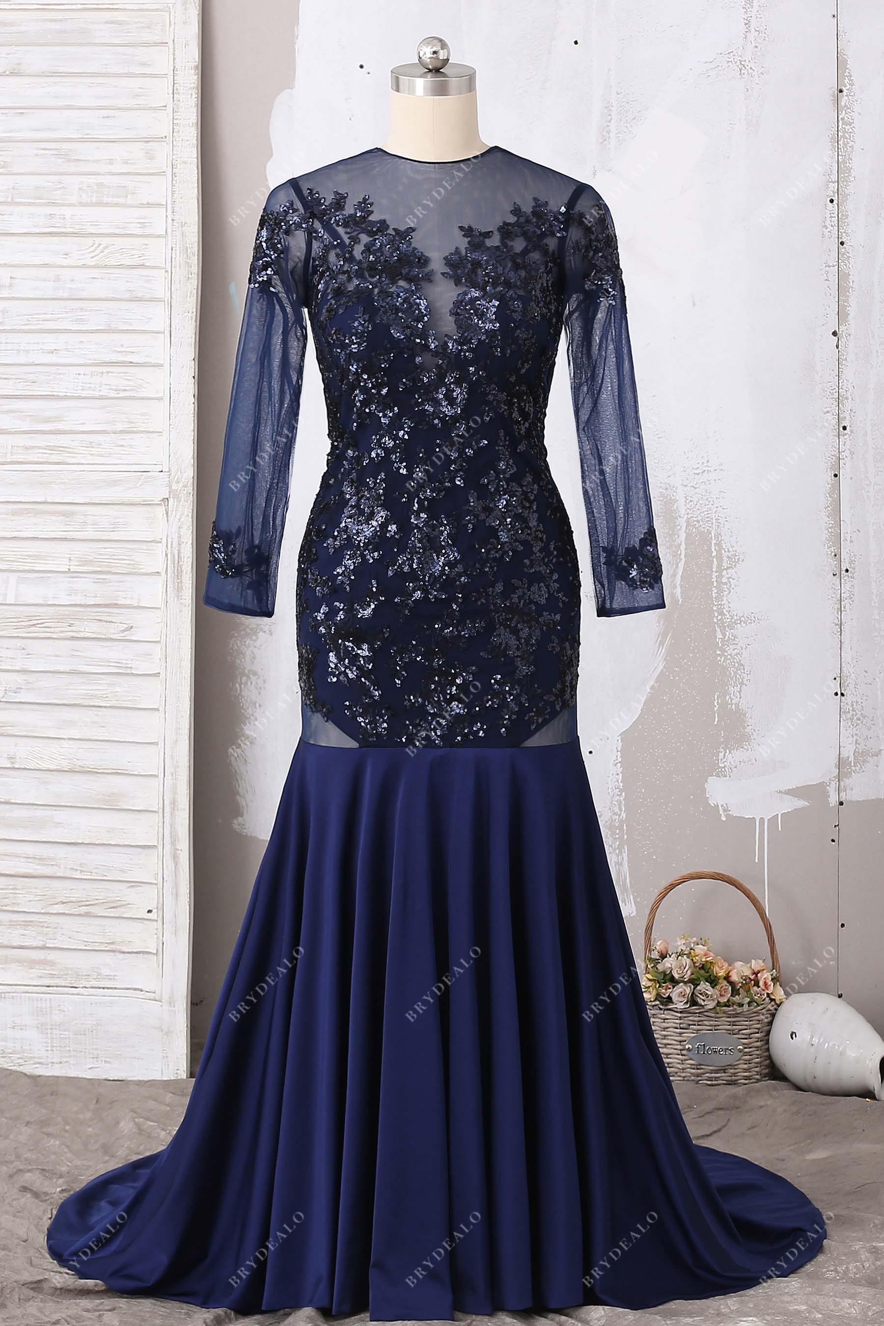 navy illusion long sleeves mermaid prom dress