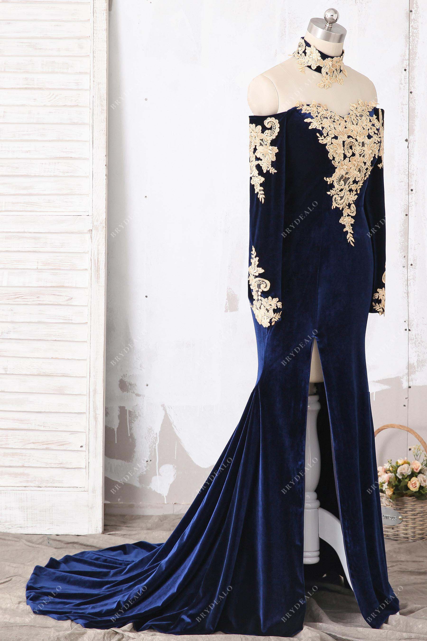 gold lace applique slit long train formal dress