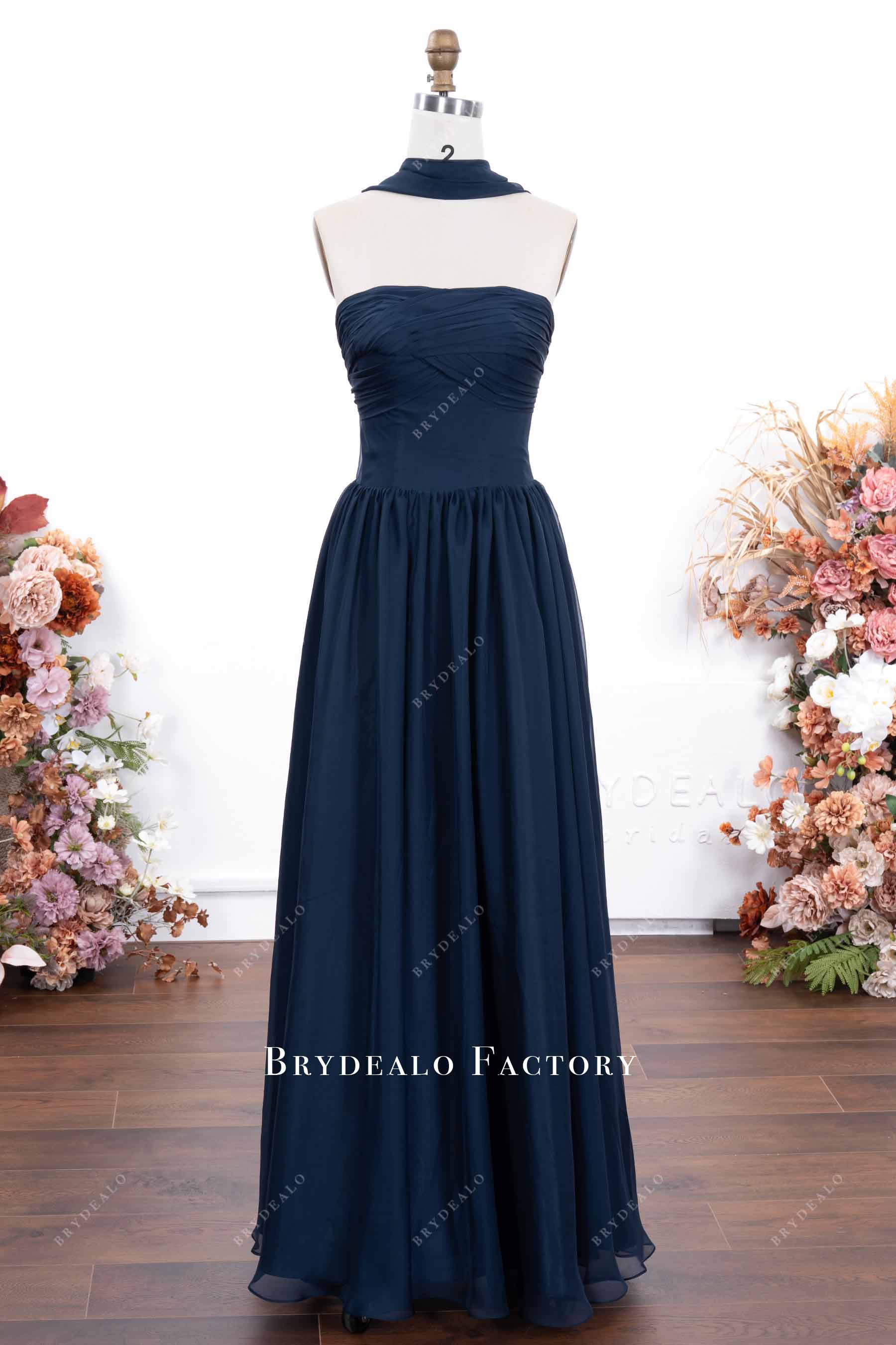 navy strapless chiffon bridesmaid dress