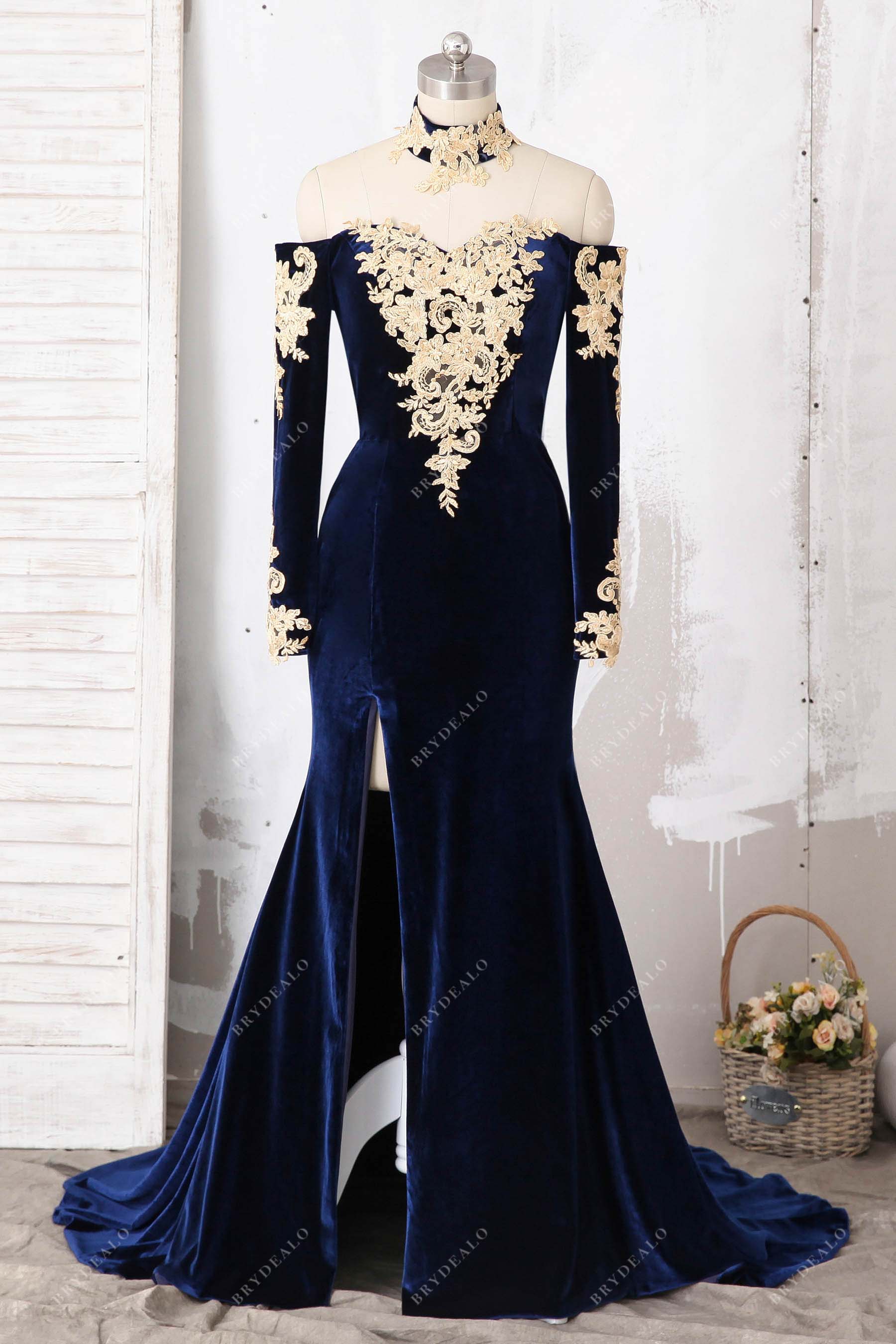 off shoulder navy blue velvet slit mermaid prom dress