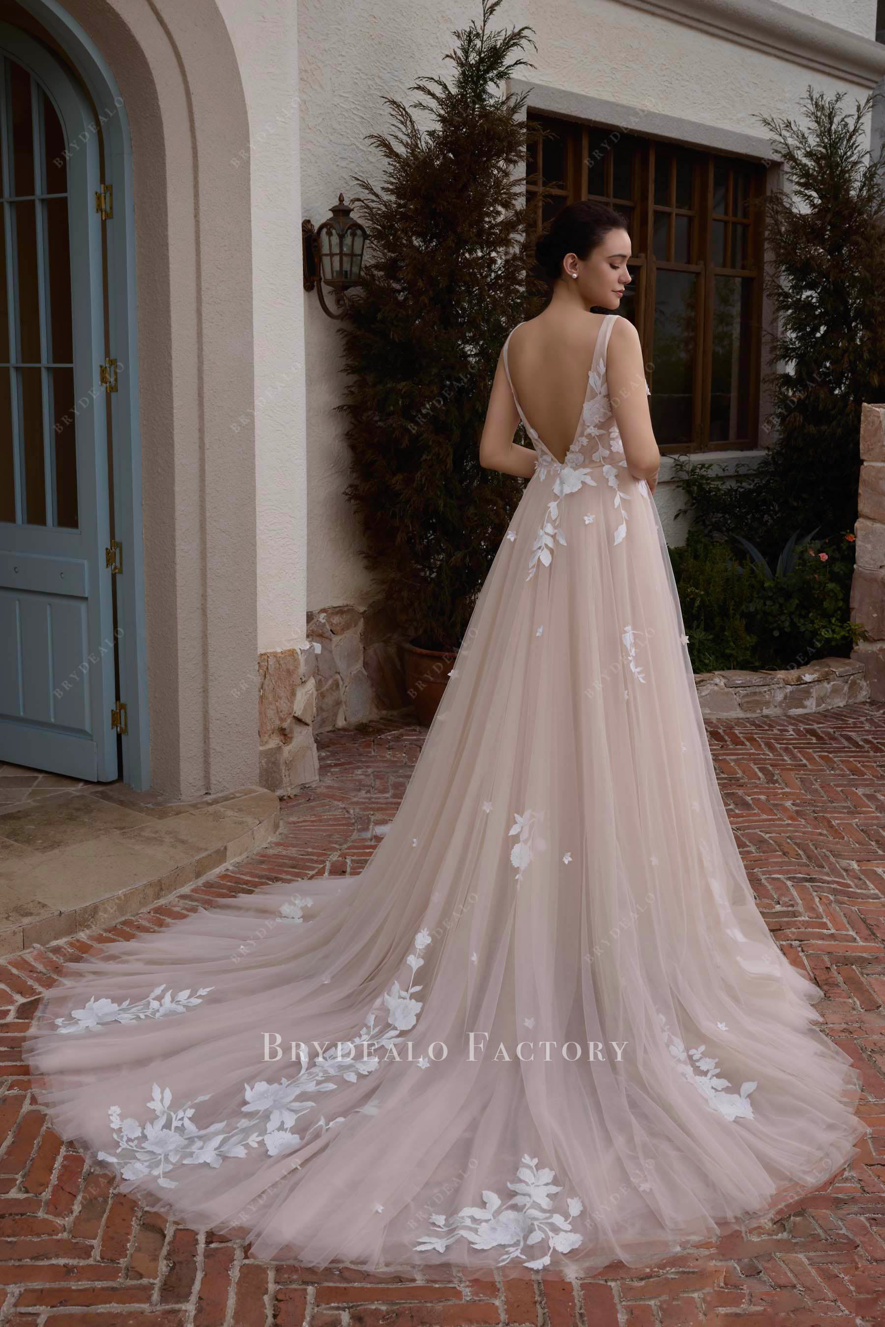 nude beige a line chapel train wedding dress