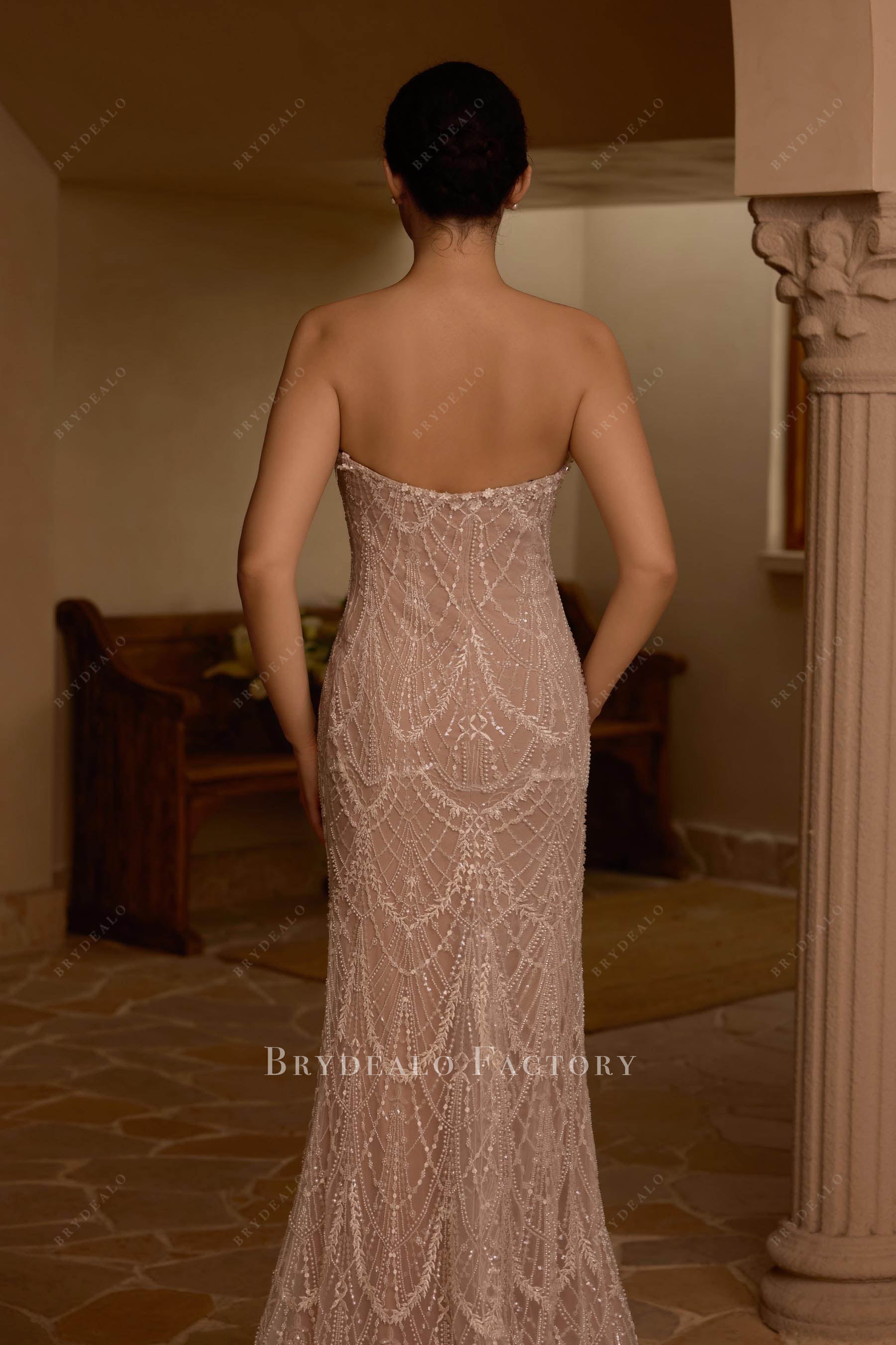 nude beige backless bridal dress