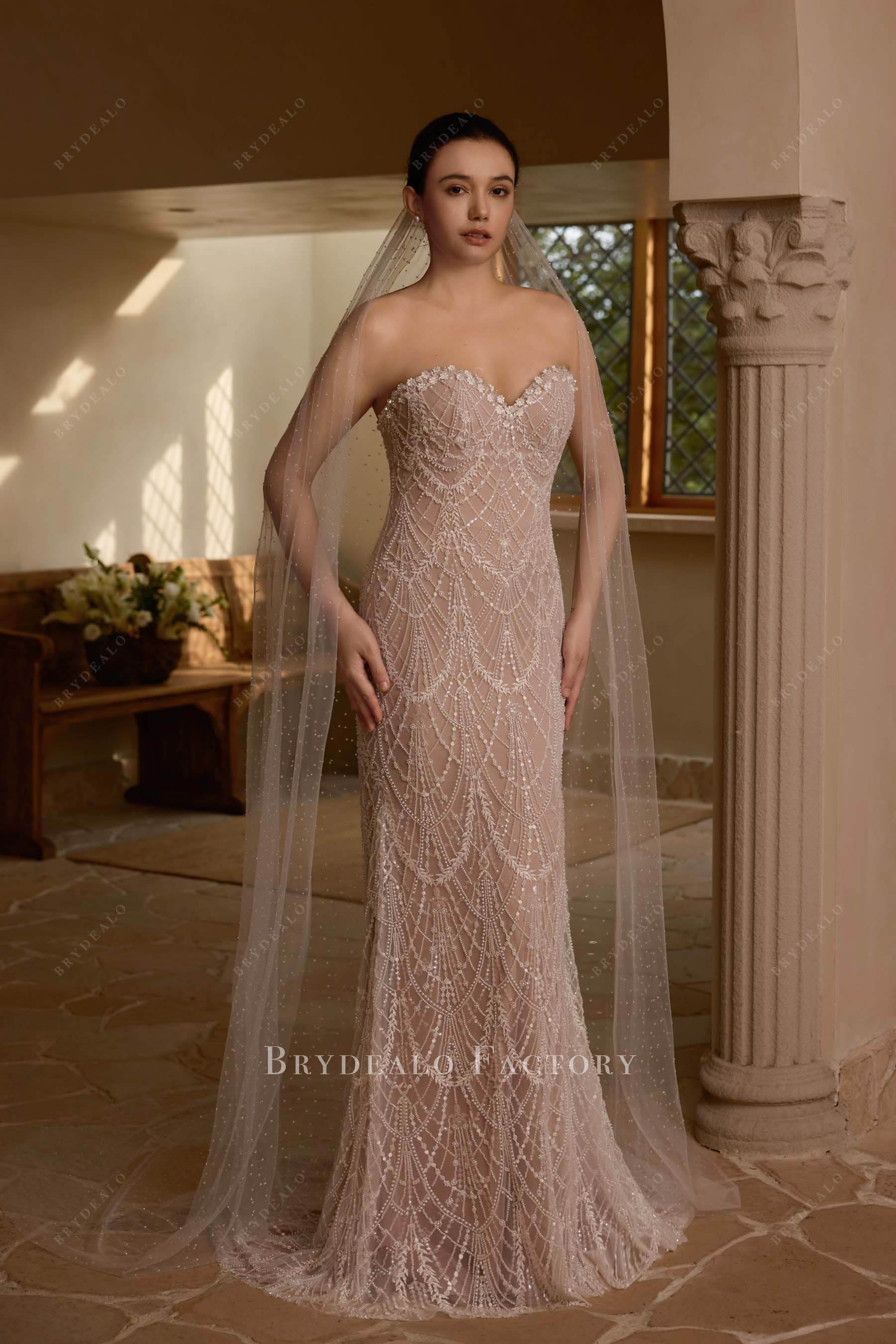 nude beige lace fit flare bridal dress