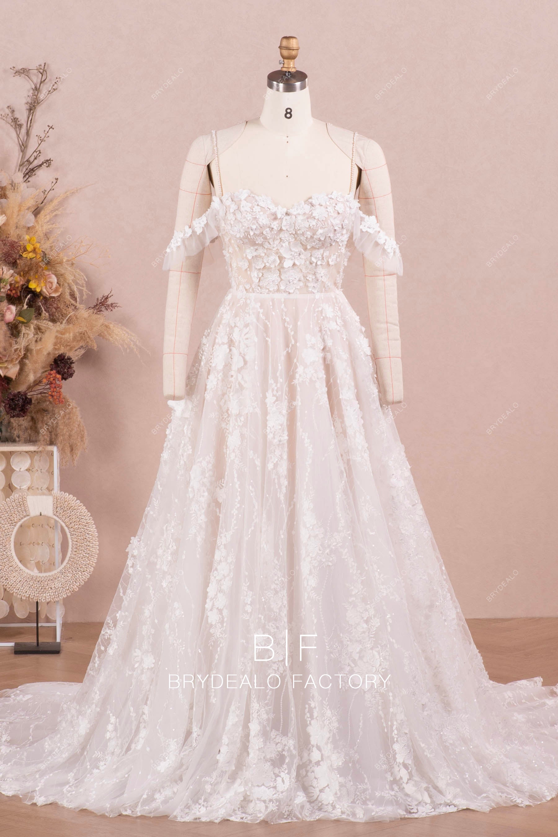 off shoulder corset flower lace wedding dress