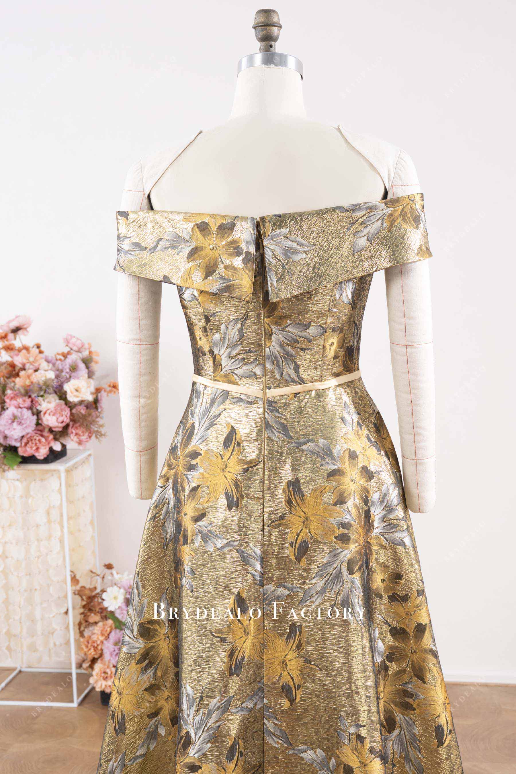 off-shoulder gold evening dress