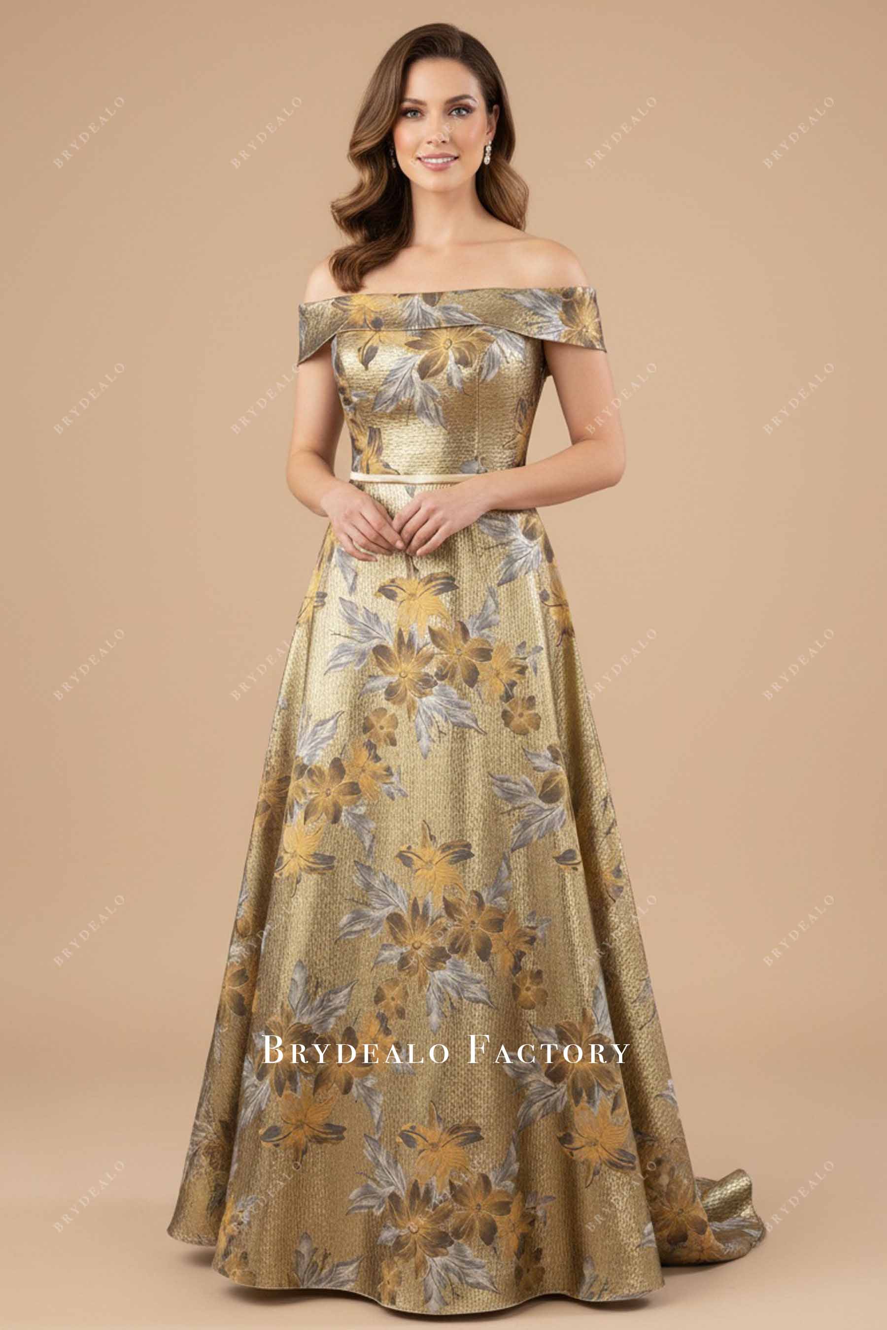 off-shoulder jacquard mother of bride dress
