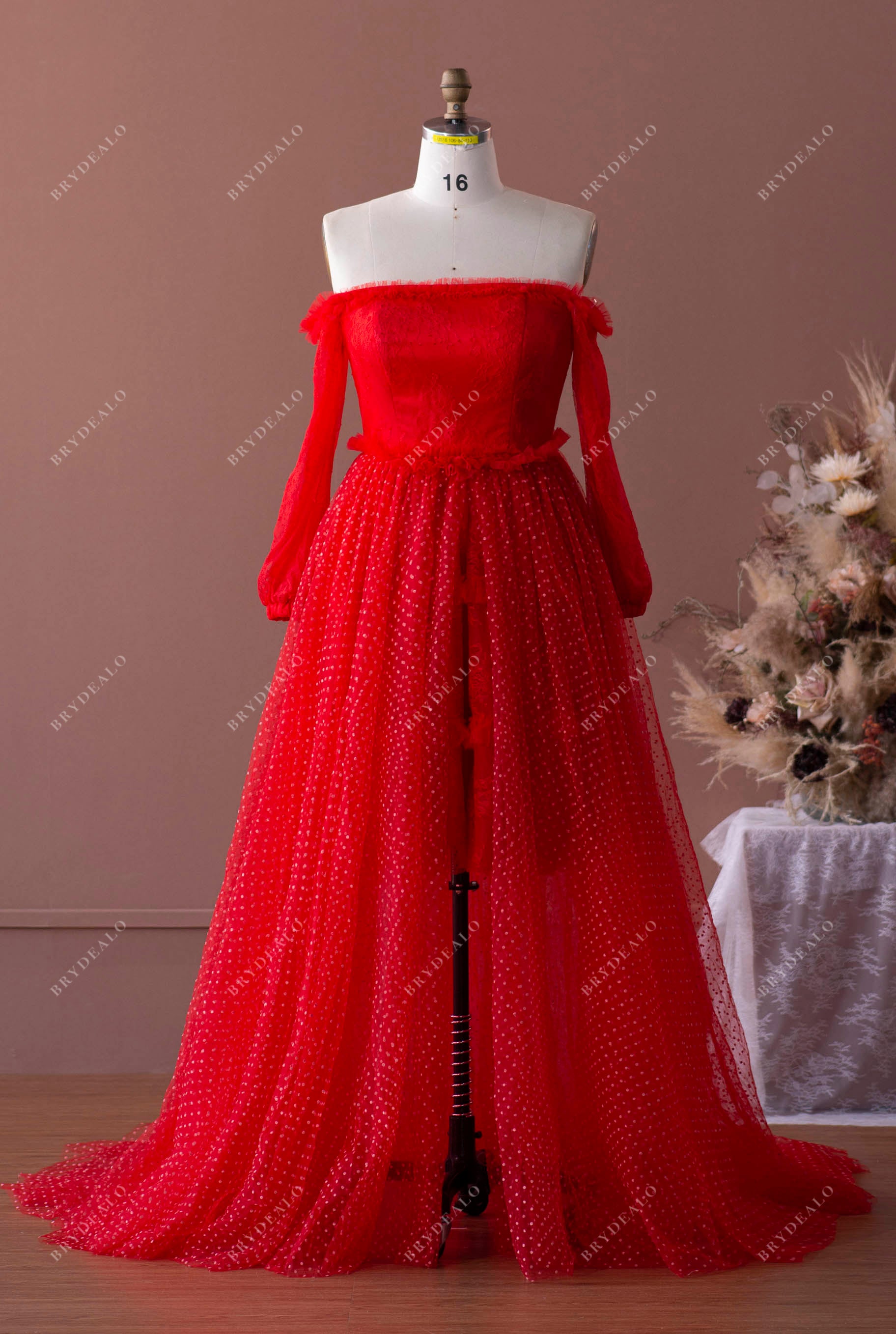 off shoulder long sleeve prom dress