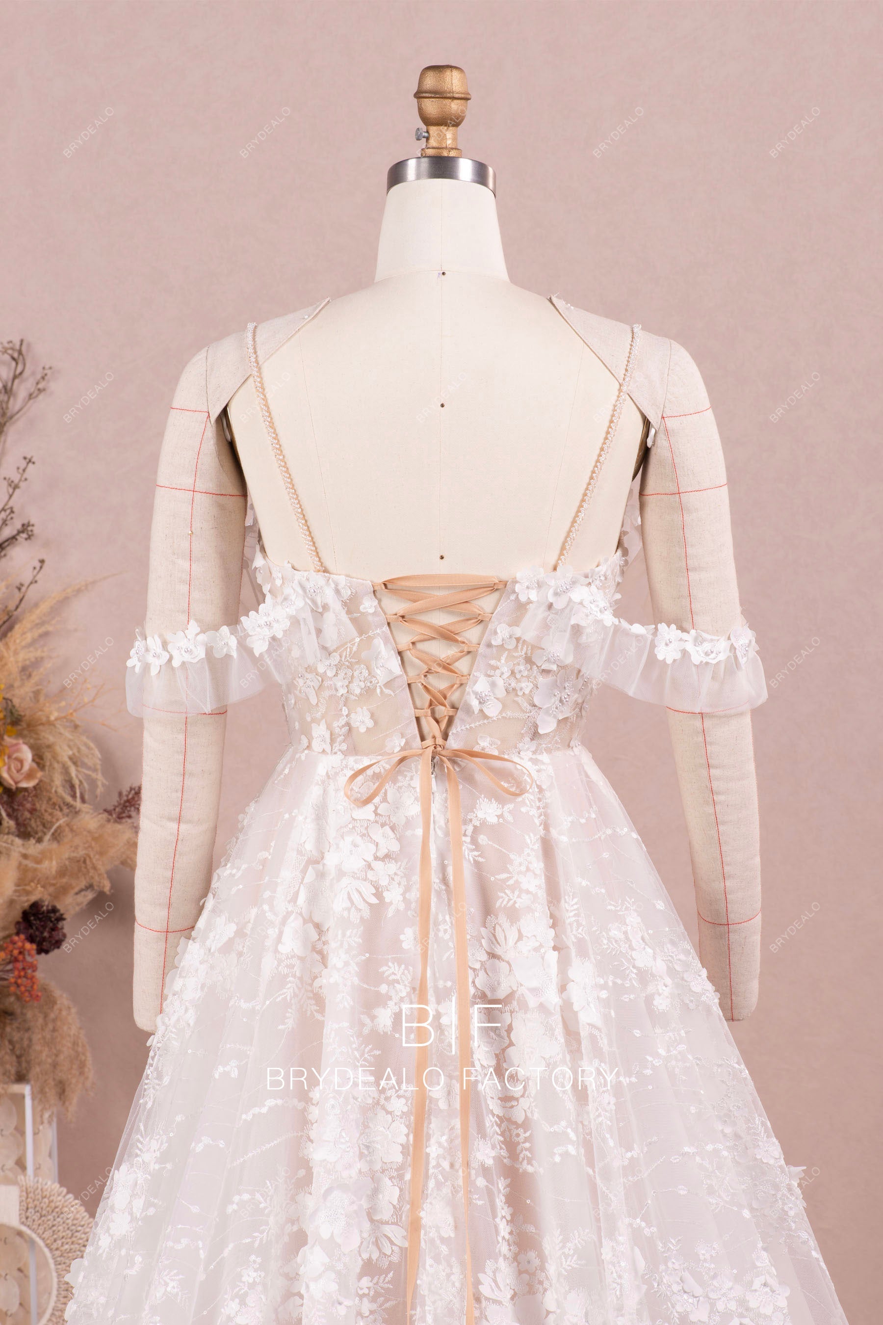 off shoulder lace up wedding dress