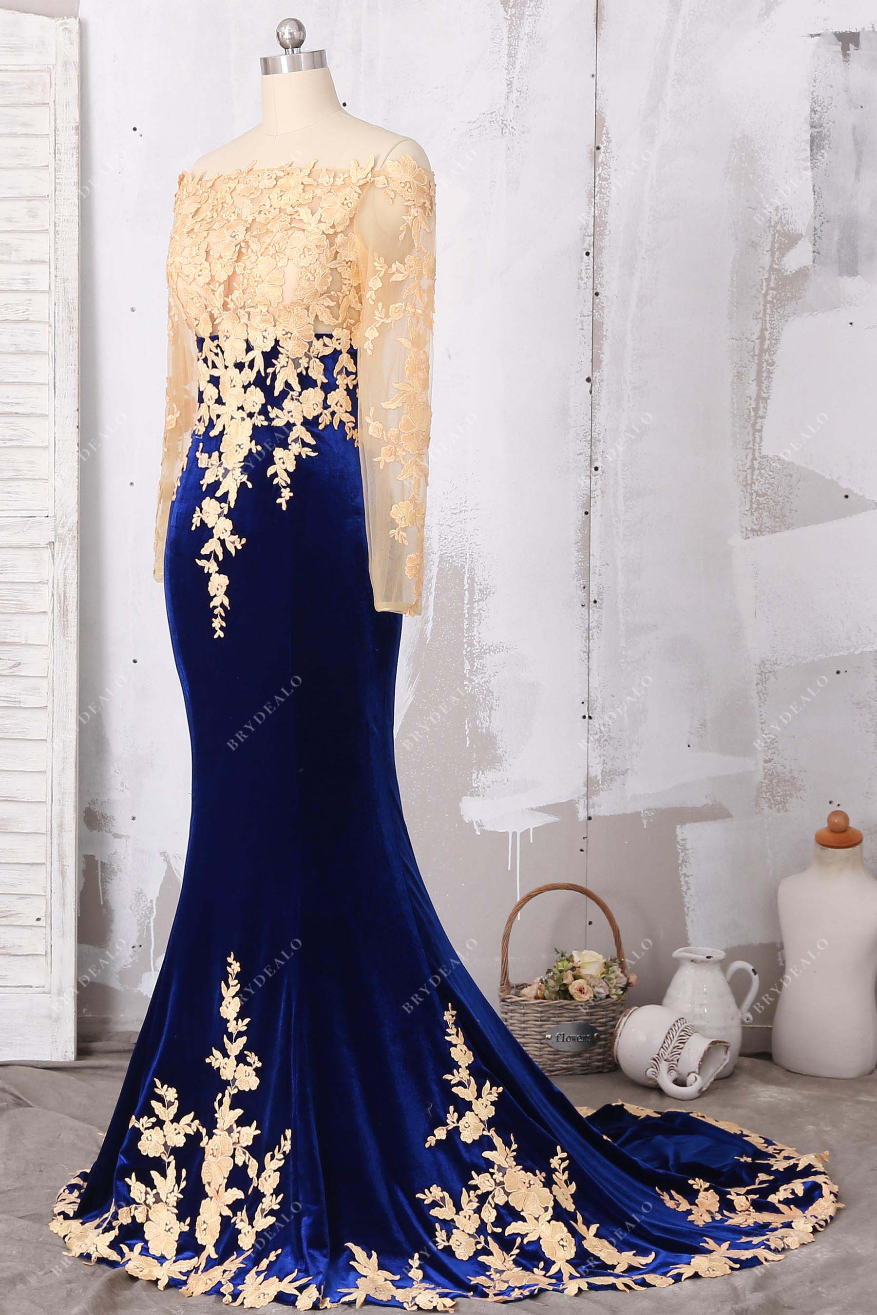 illusion sleeve lace applique mermaid dress