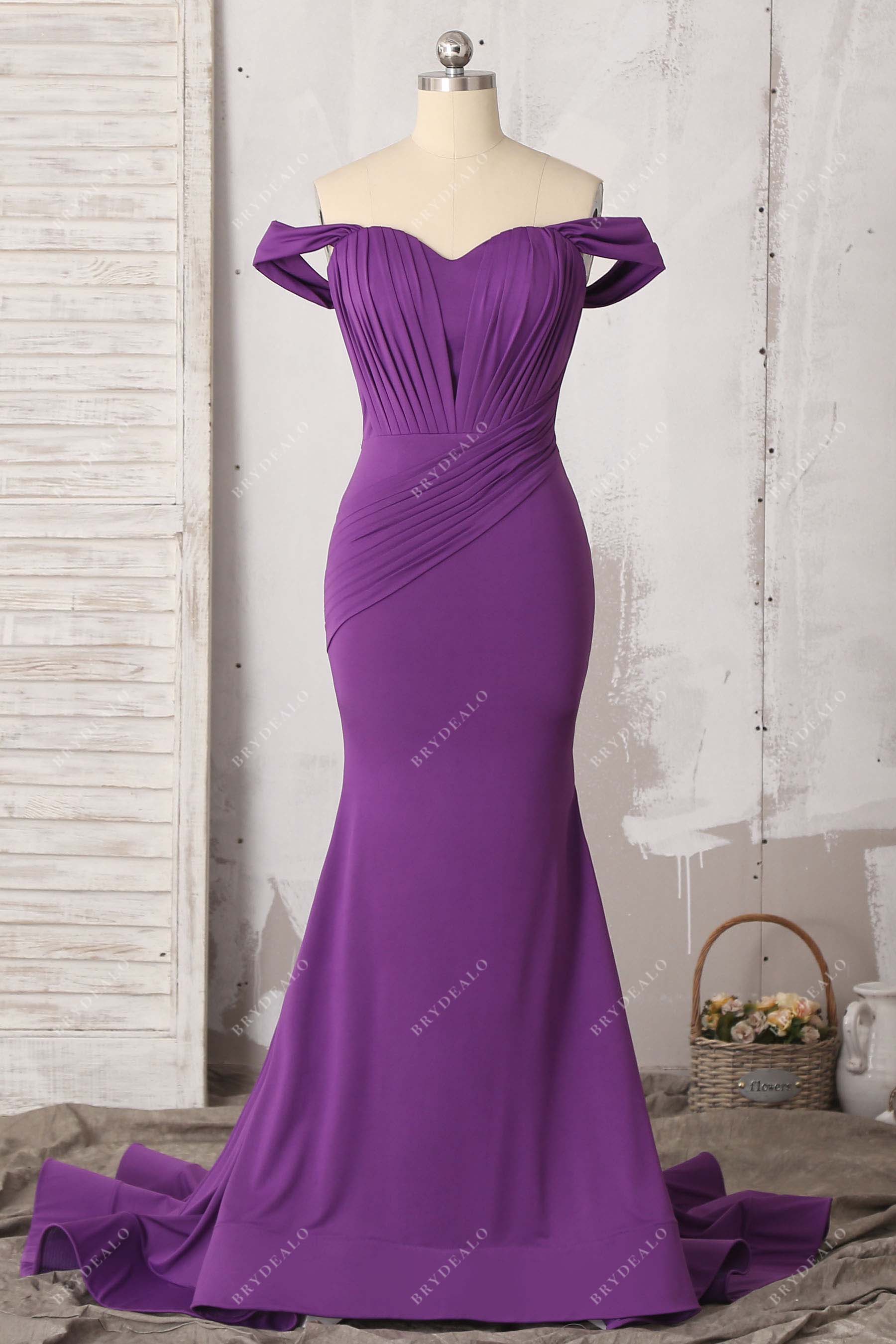purple pleated off shoulder mermaid prom dress