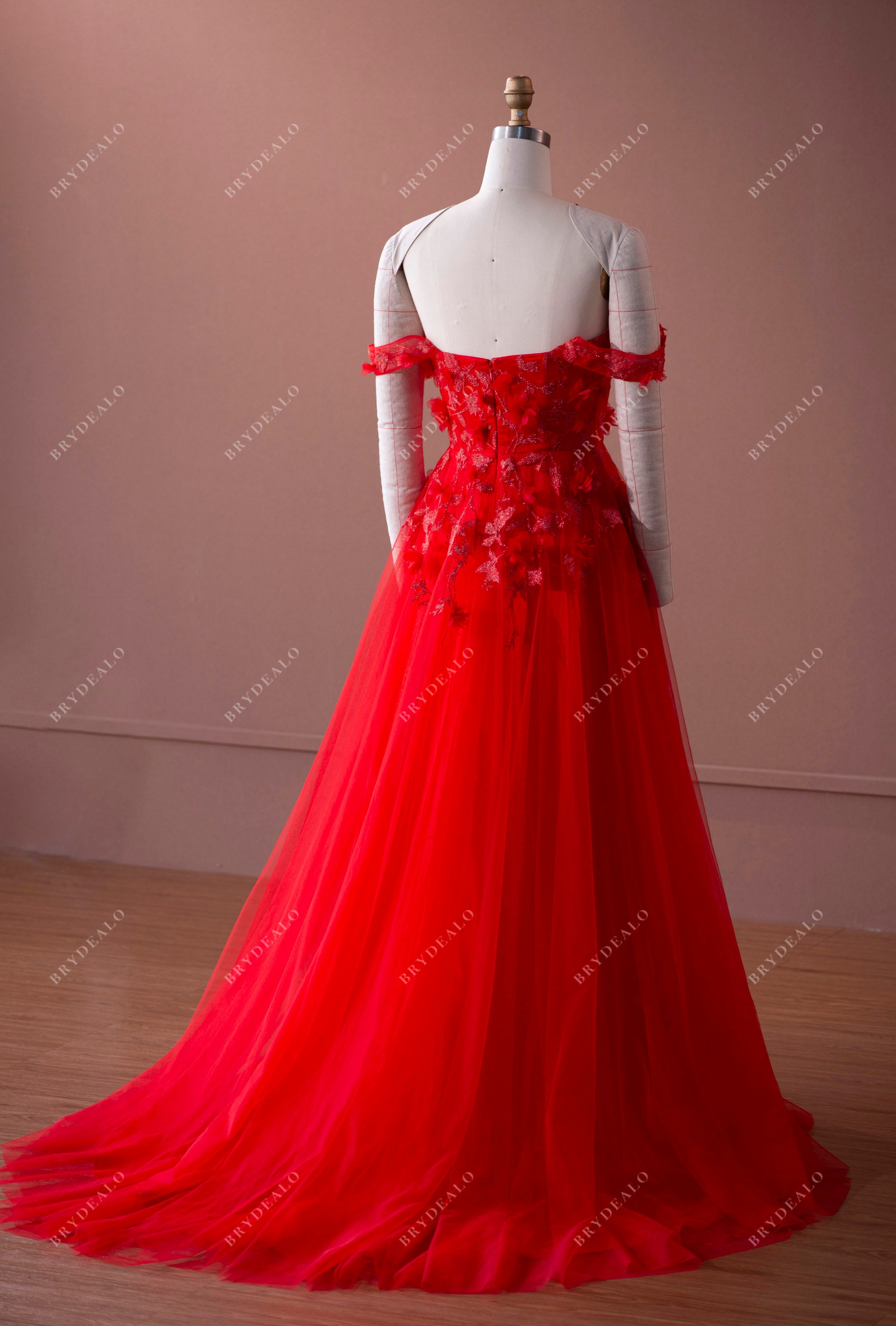 open back lace applique prom dress