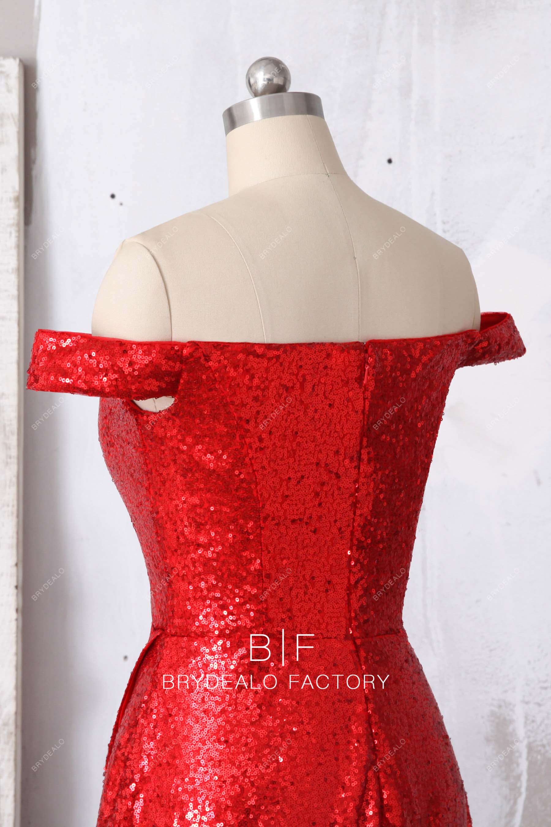 red sequin off shoulder prom dress