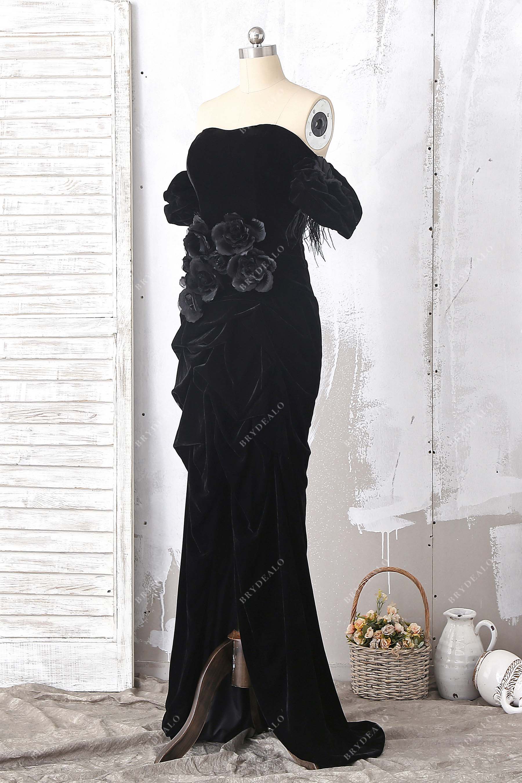 off the shoulder long sleeve black prom dress BABARONI Black Prom Dress with Off the Shoulder Tiered Skirt and Slit