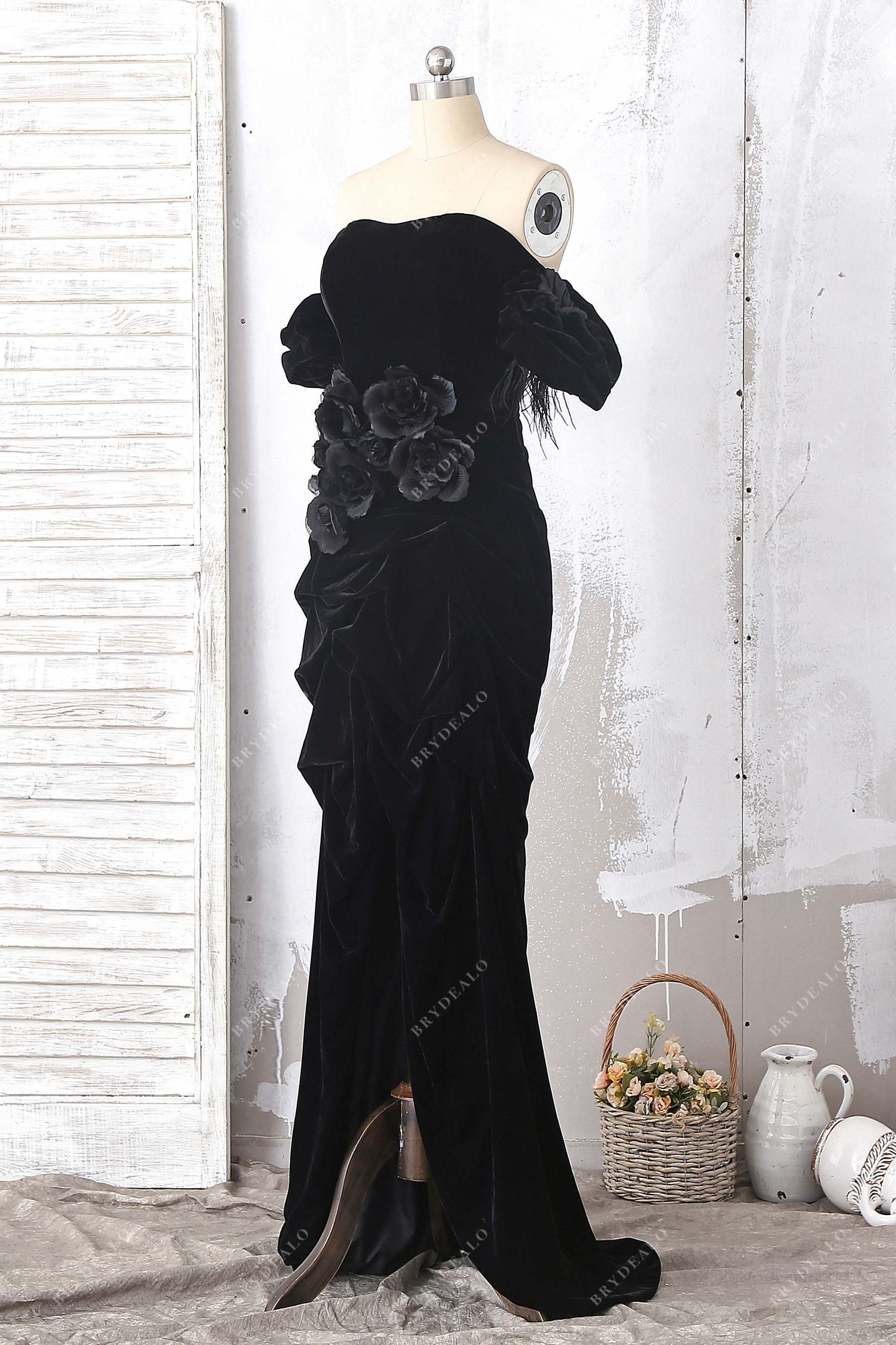off shoulder 3D flowers black formal gown