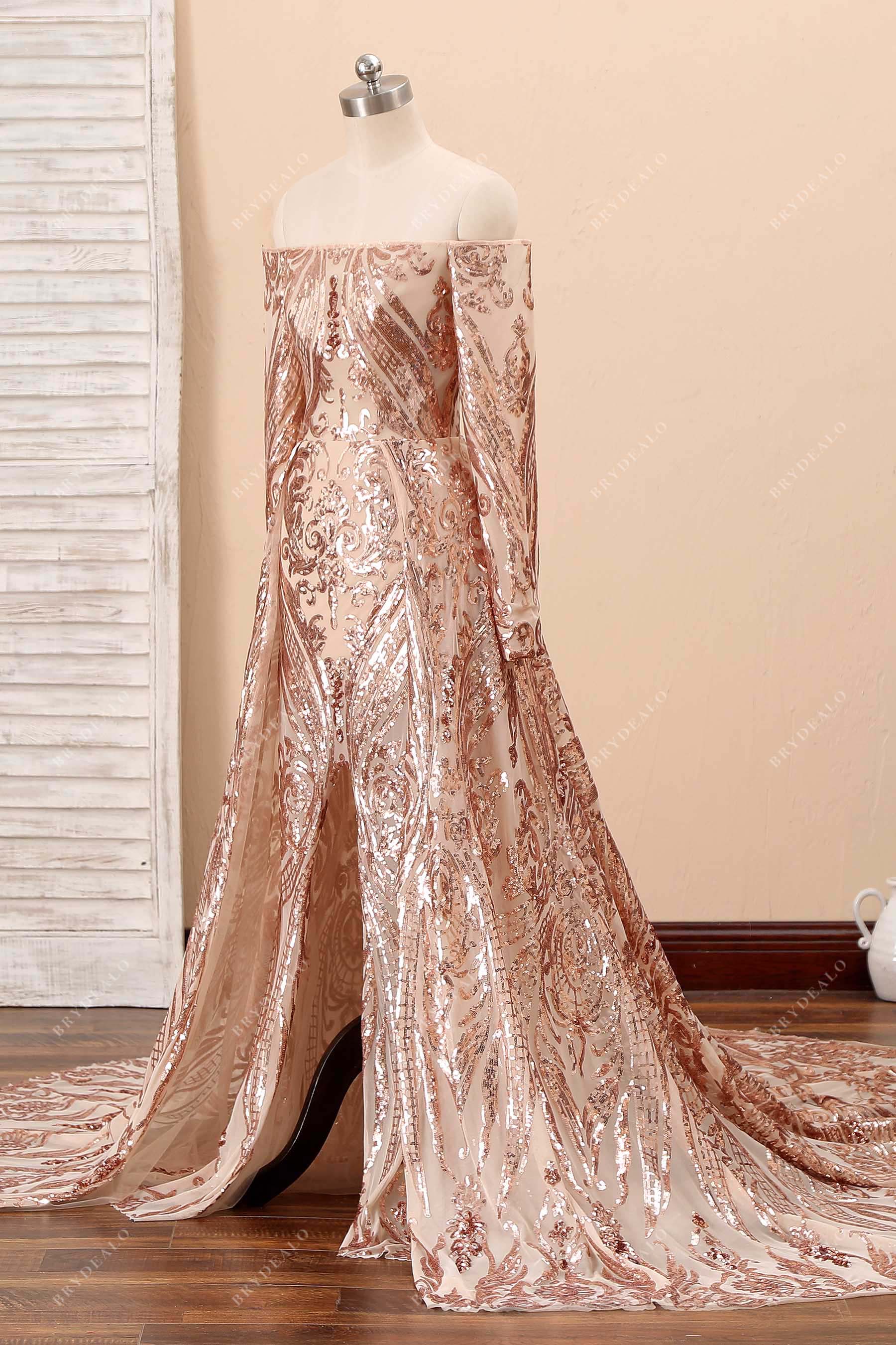 gold sequin pattern slit prom dress