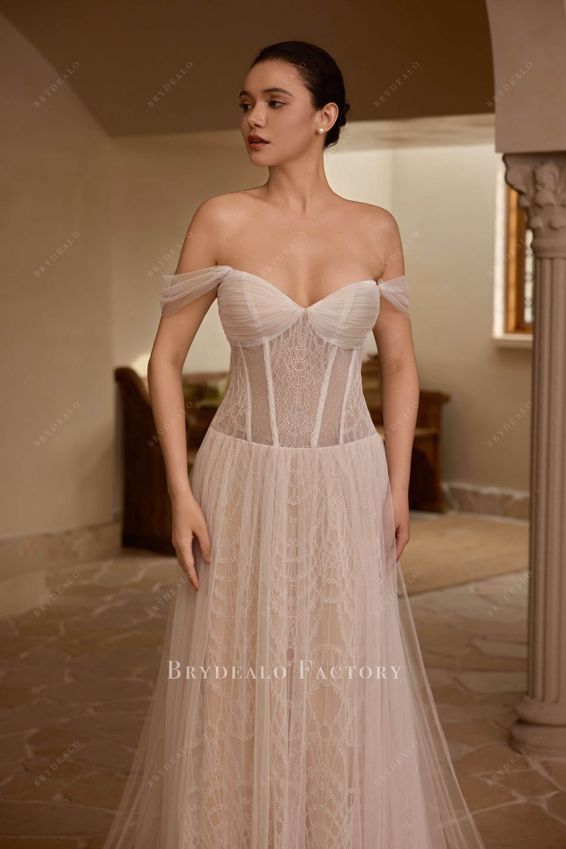 off shoulder sweetheart neck bridal dress
