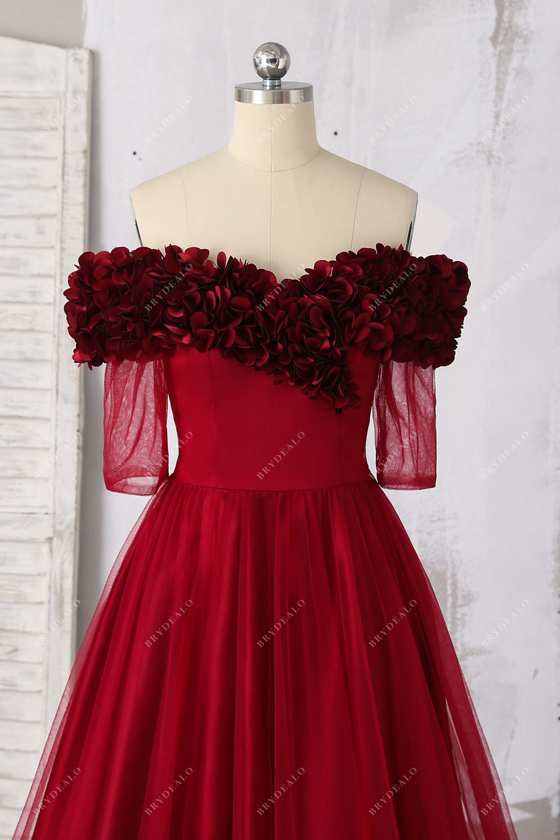 burgundy 3d petals off shoulder prom dress